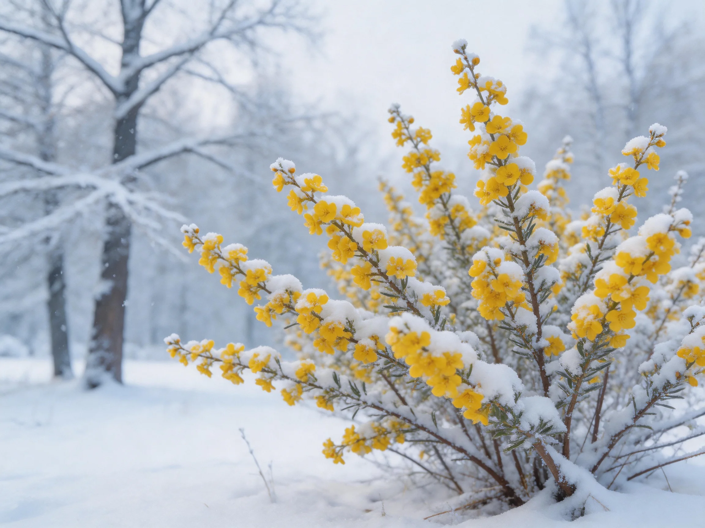 Yellow flowering bushes blanketed in fresh snow