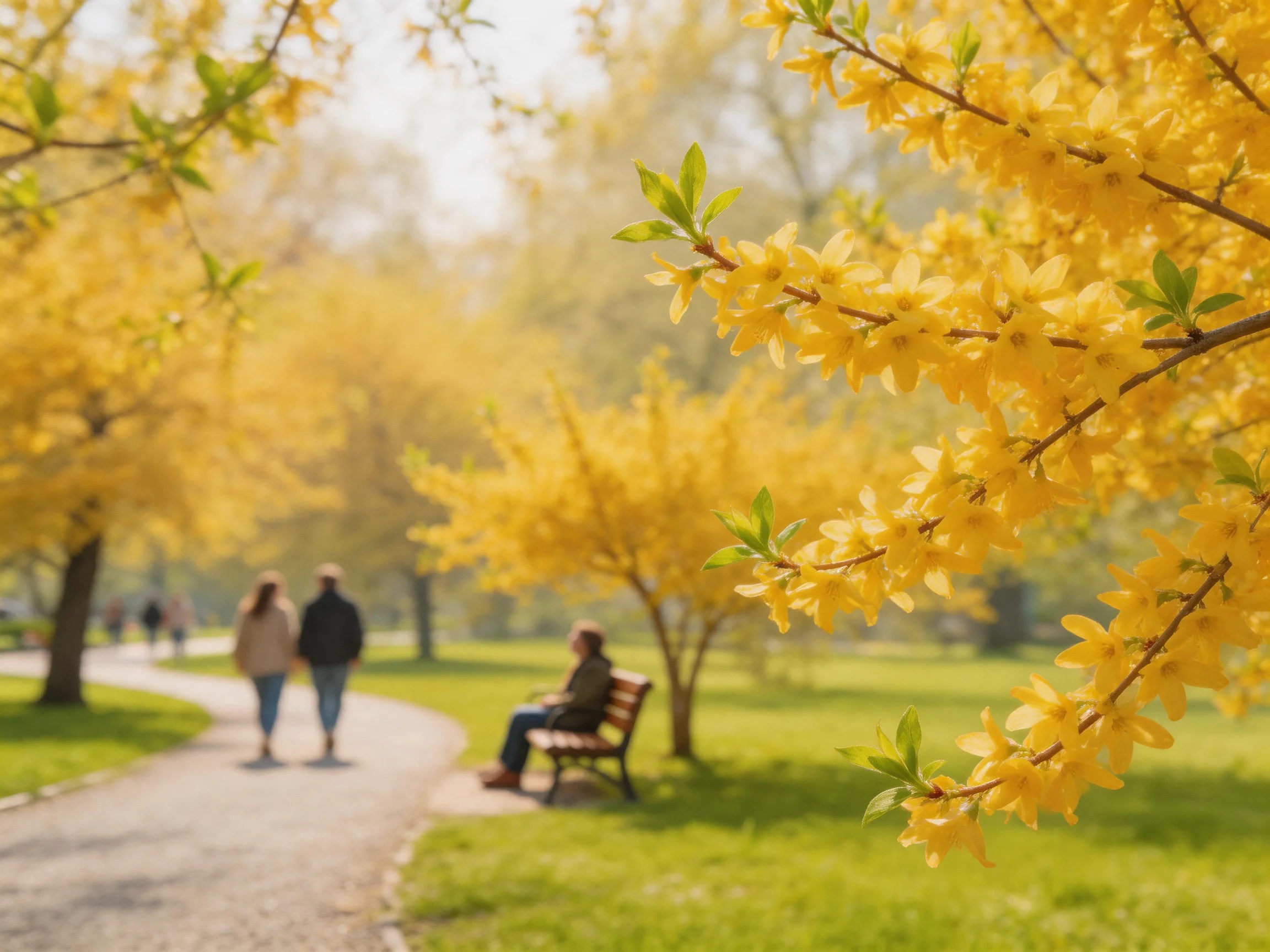 Yellow flowering trees fill a sunny park with pedestrians