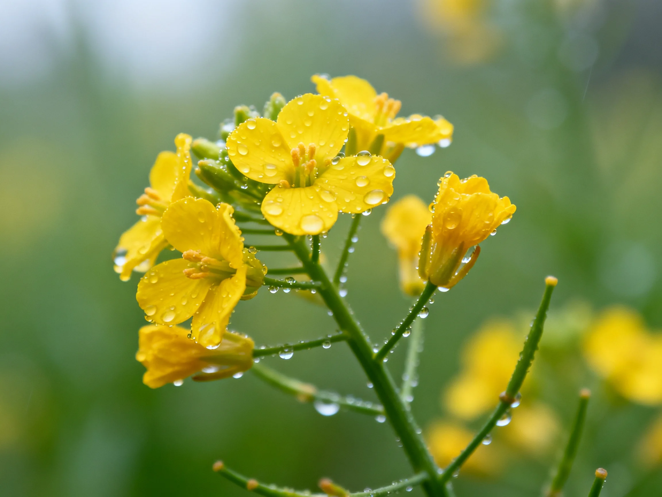 Yellow flowers adorned with raindrops on slender stems