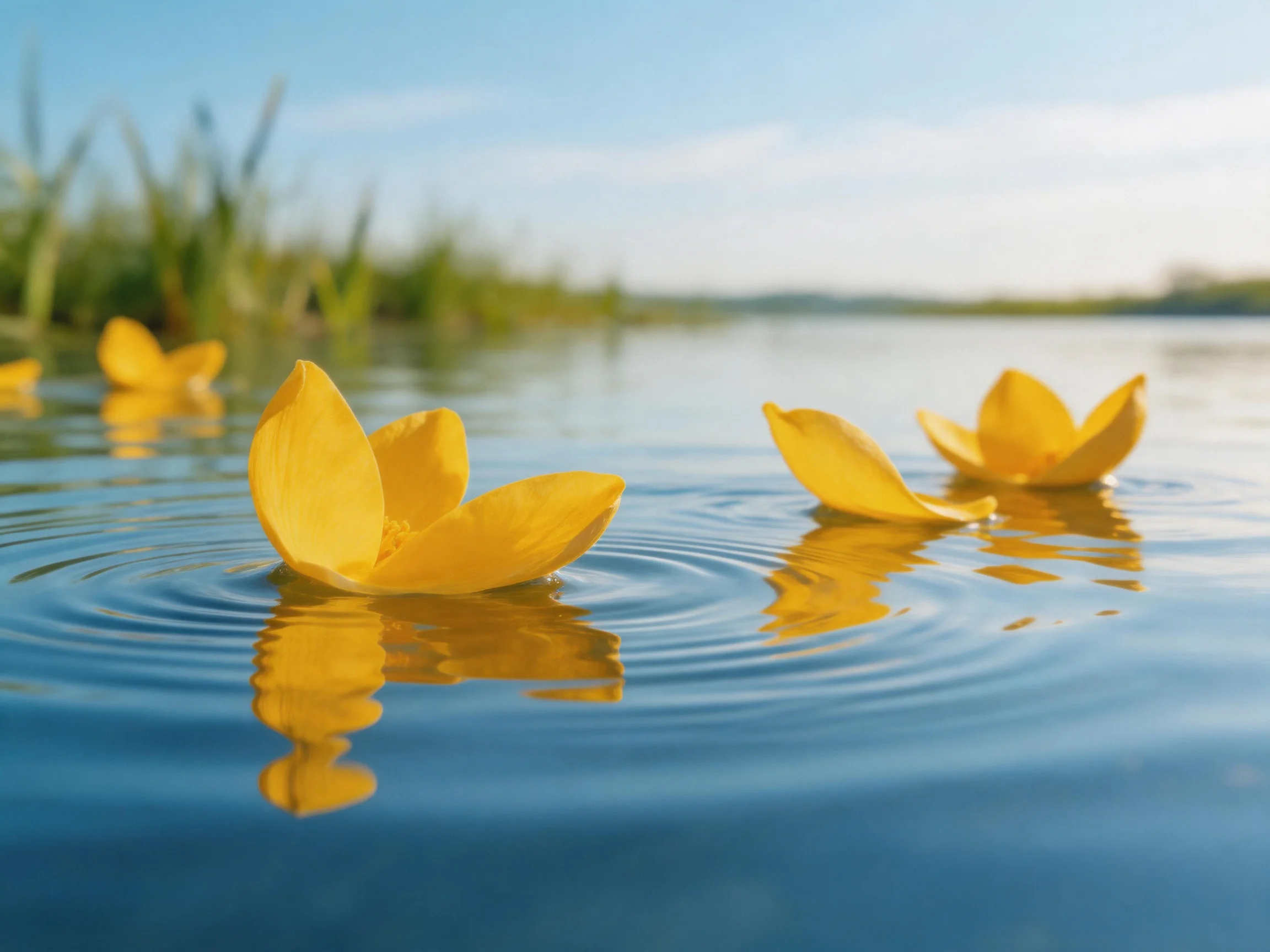 Yellow flowers float serenely on calm blue water near green reeds