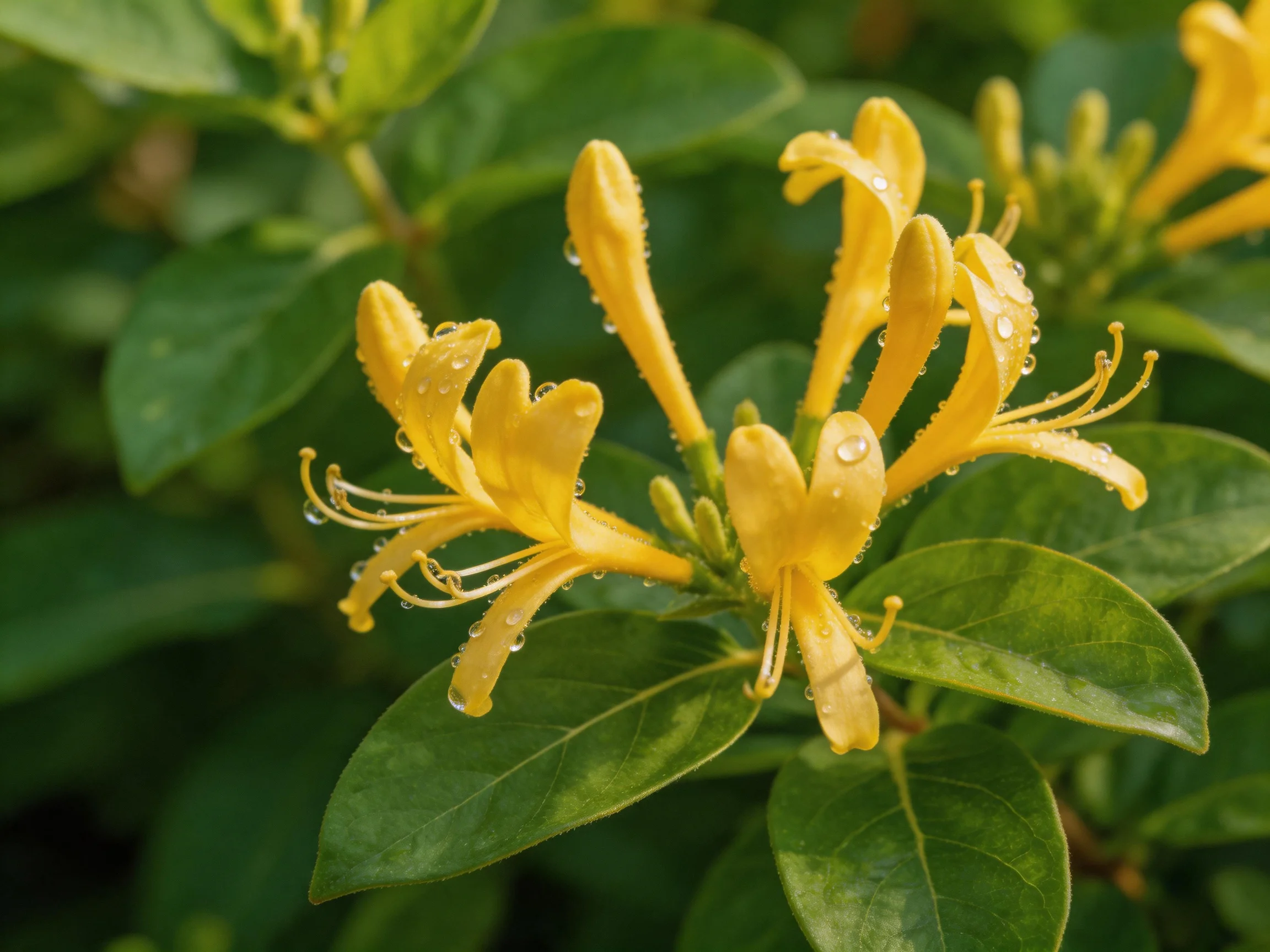 Yellow flowers with dewdrops among glossy green leaves