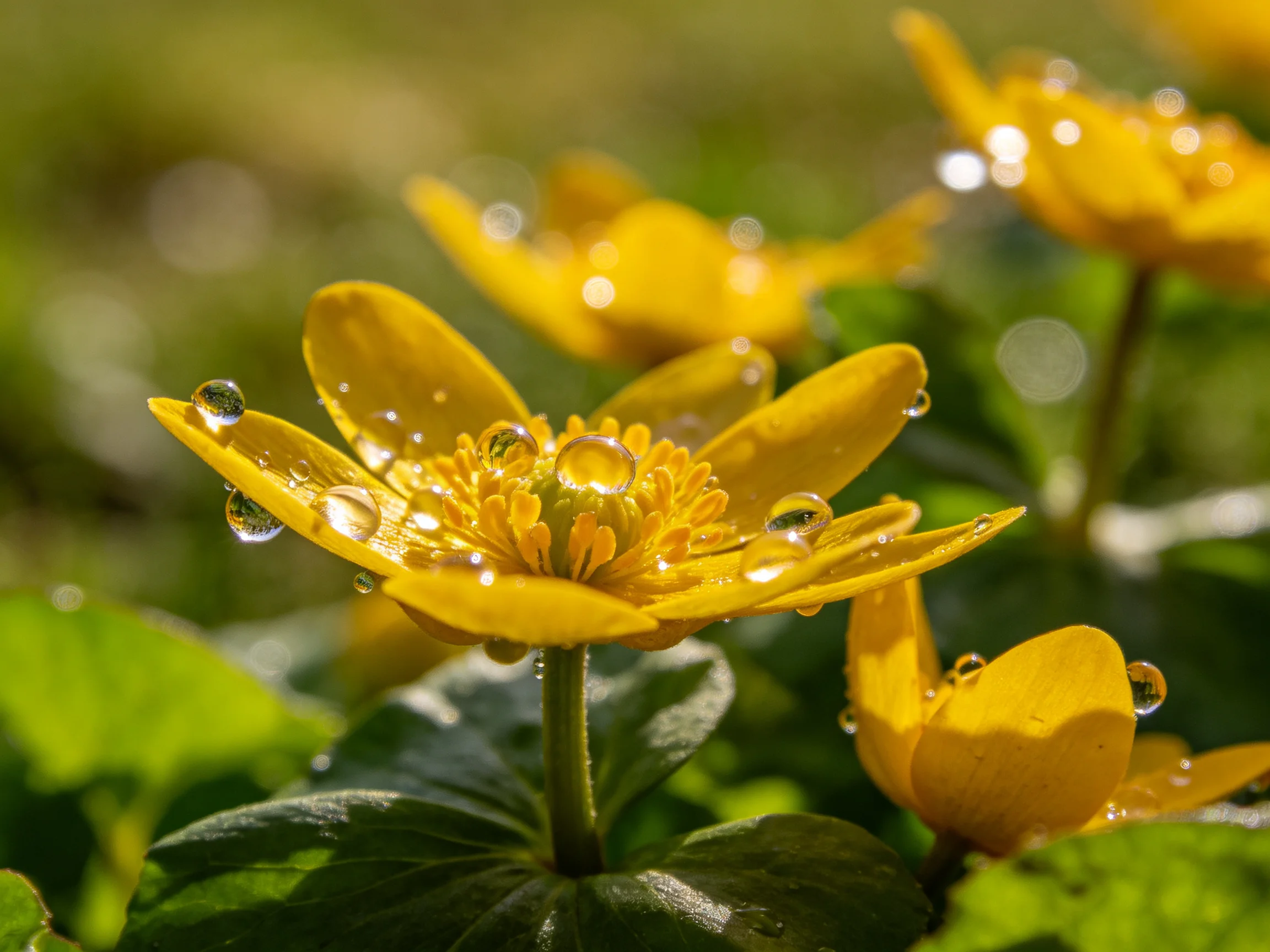 Yellow flowers with glistening dewdrops amid lush green foliage