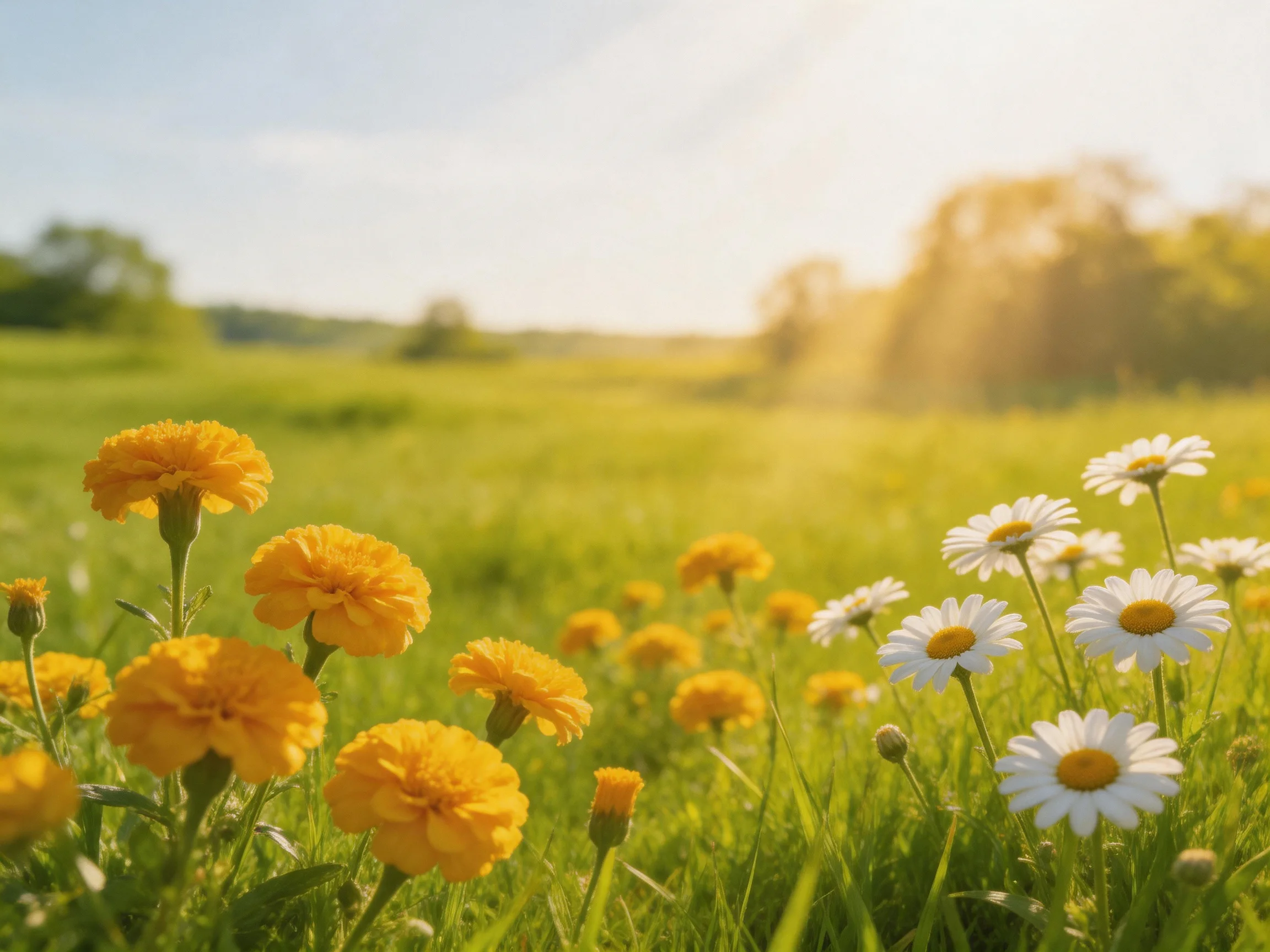 Yellow marigolds and white daisies bloom in a sunlit green meadow