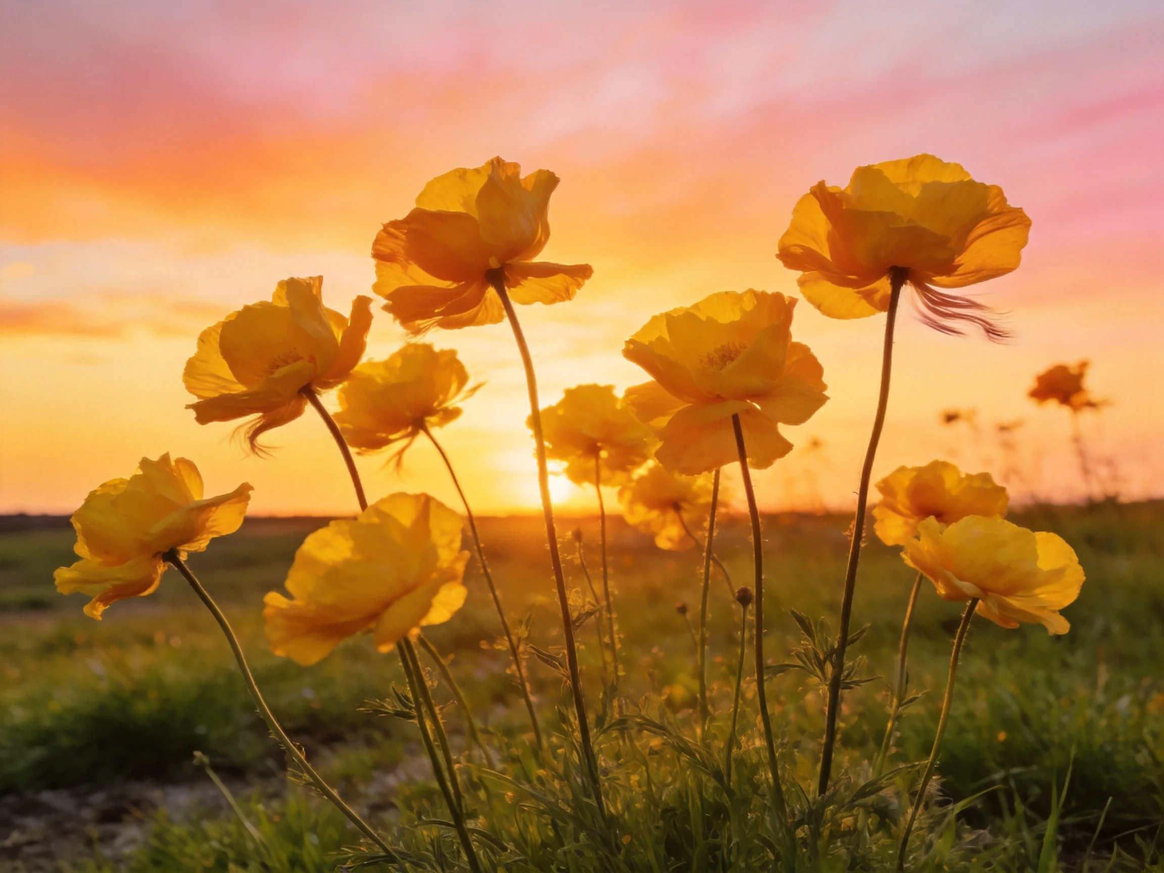 Yellow poppies bloom against a vibrant sunset sky over a green field