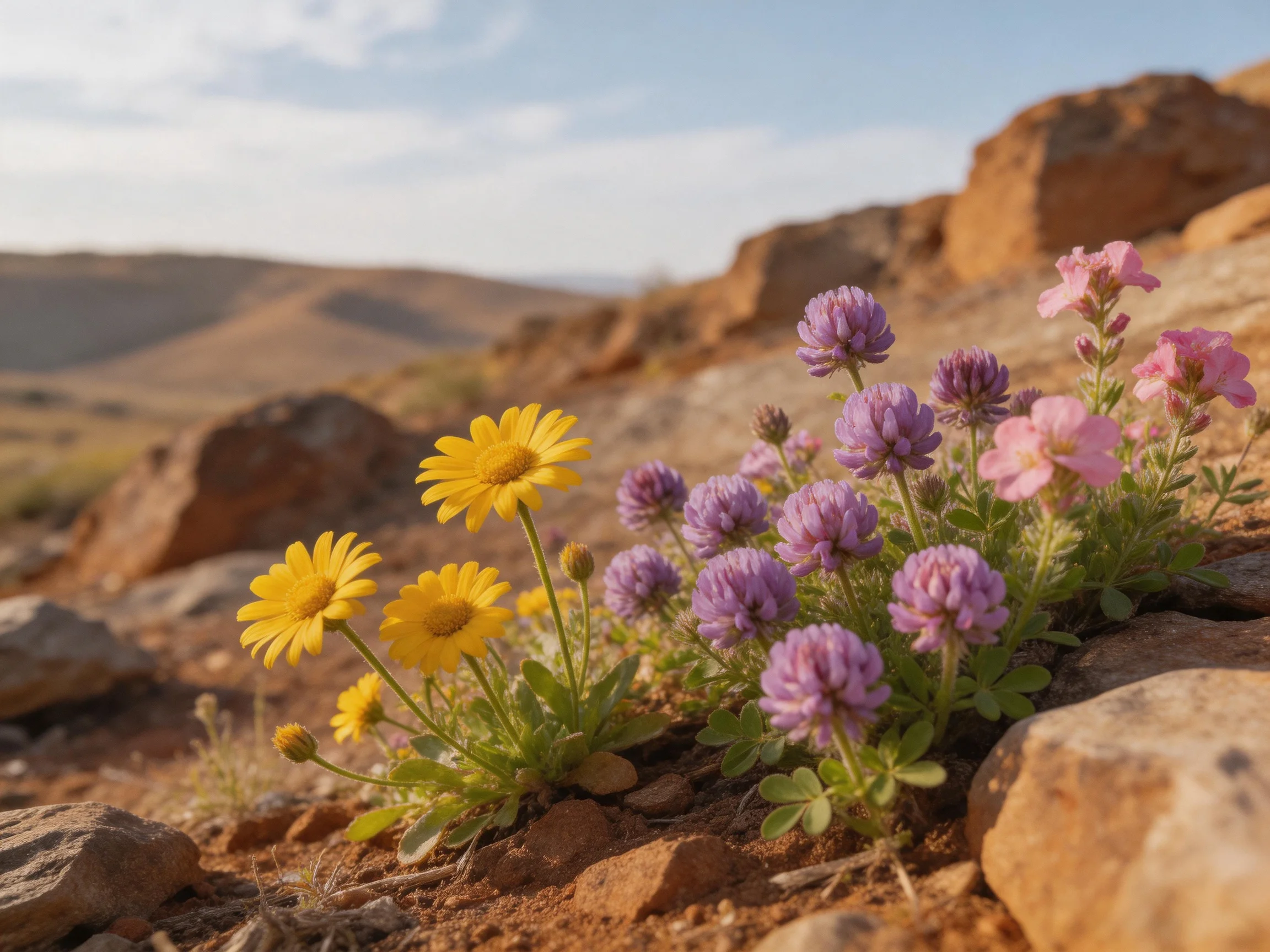 Yellow, purple, and pink flowers bloom among rocks in a sunlit arid landscape