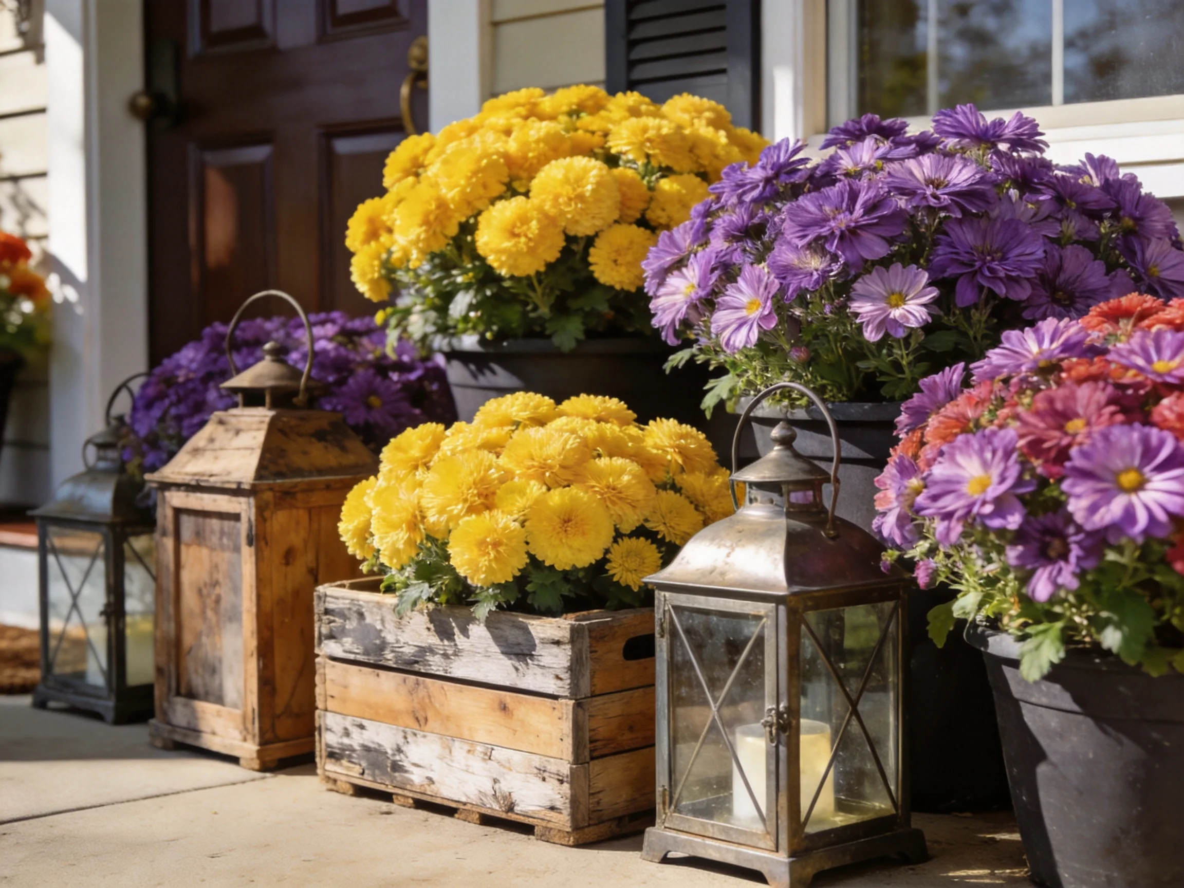 Yellow, purple, pink flowers in crates and pots with metal lanterns near a house door