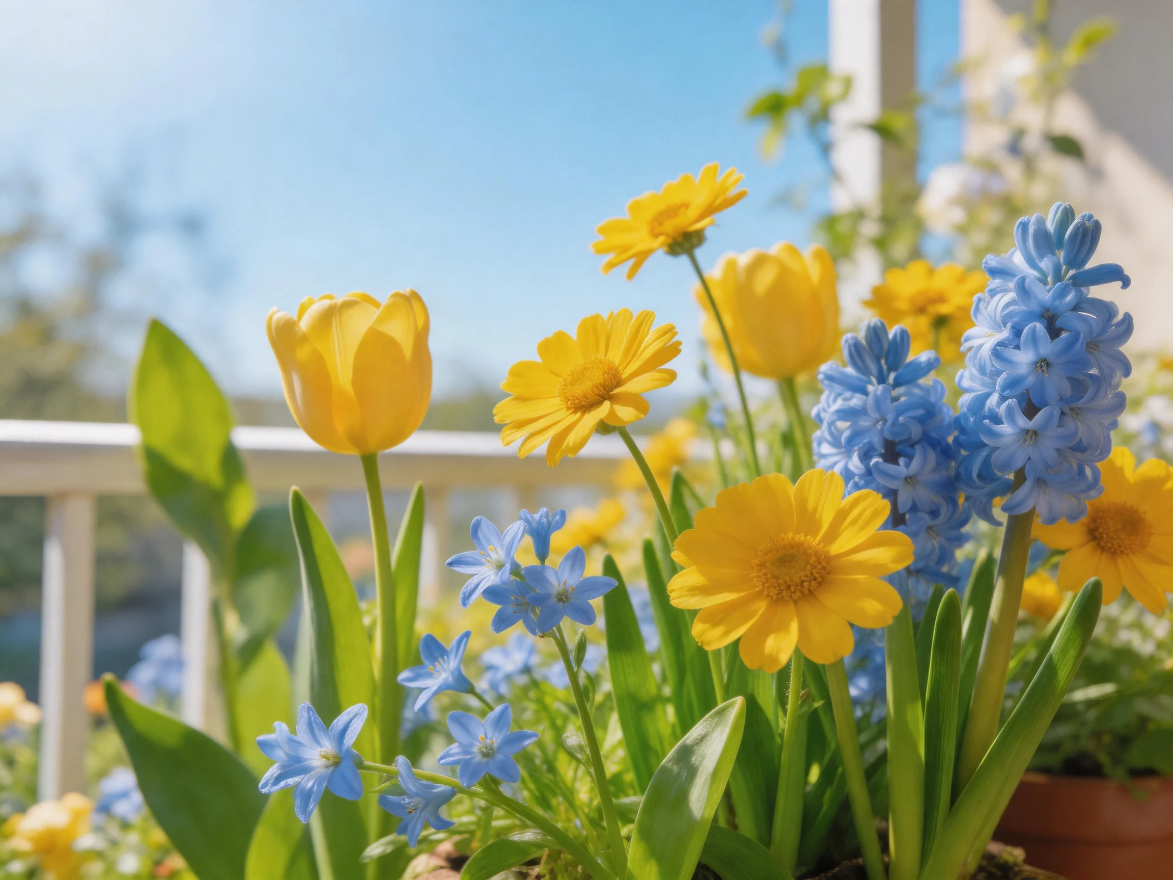 Yellow tulips, daisies, and blue hyacinths bloom in a sunny balcony