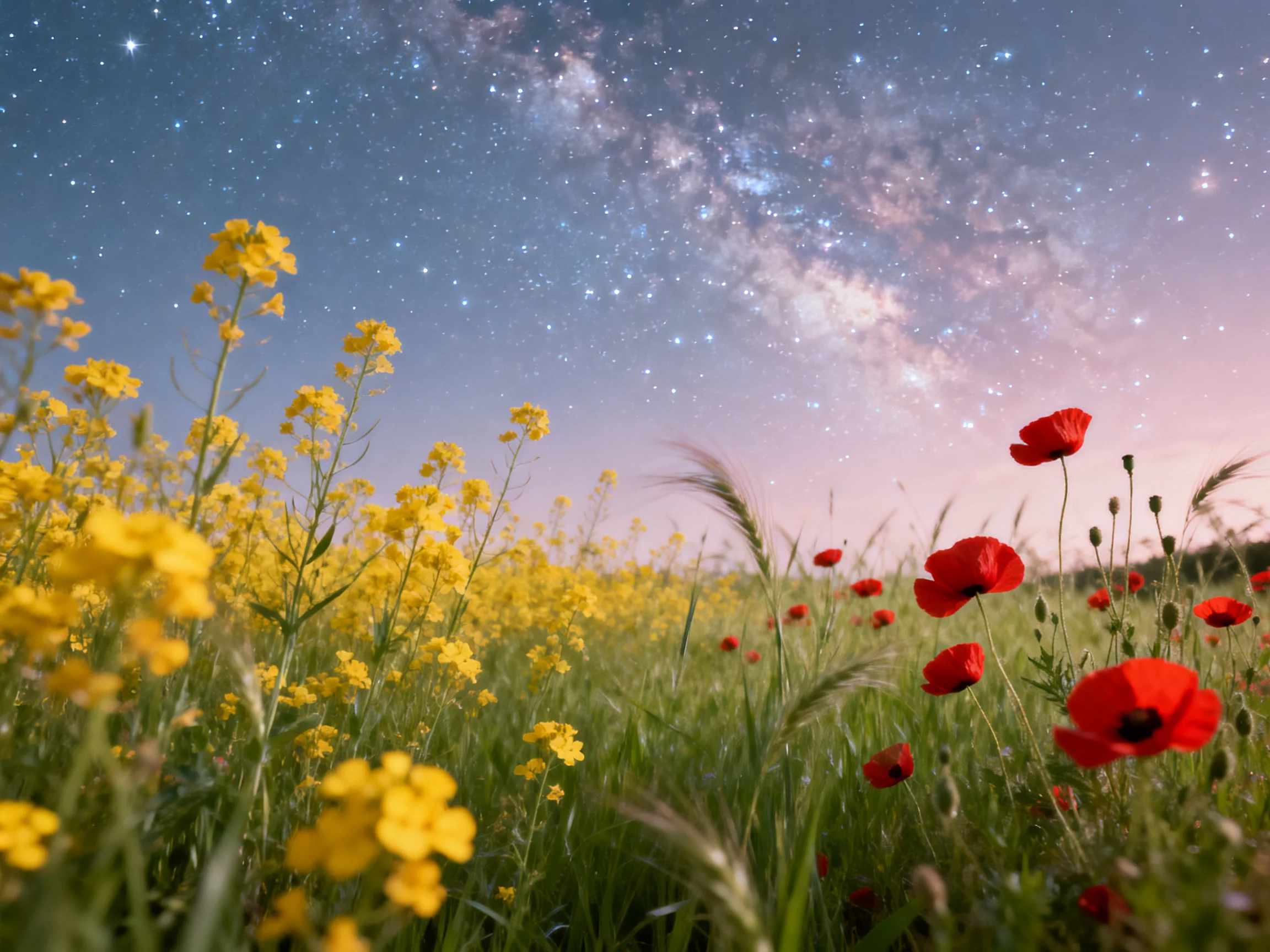Yellow wildflowers and red poppies in a meadow under a starry night sky