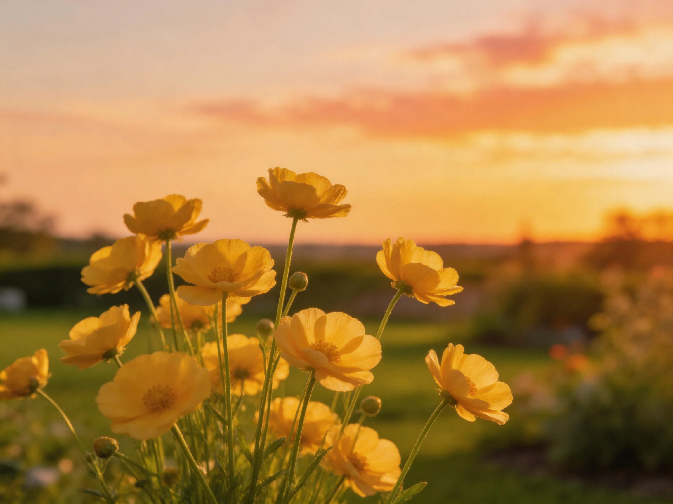 Yellow wildflowers bloom under a vibrant sunset sky