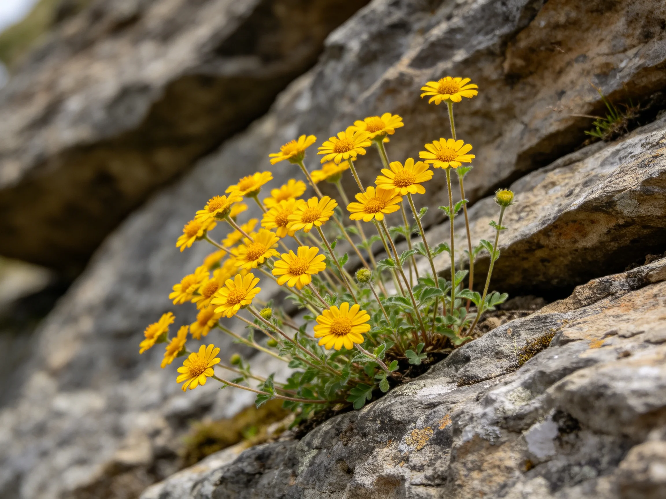 Yellow wildflowers cluster in a rocky crevice with textured stone