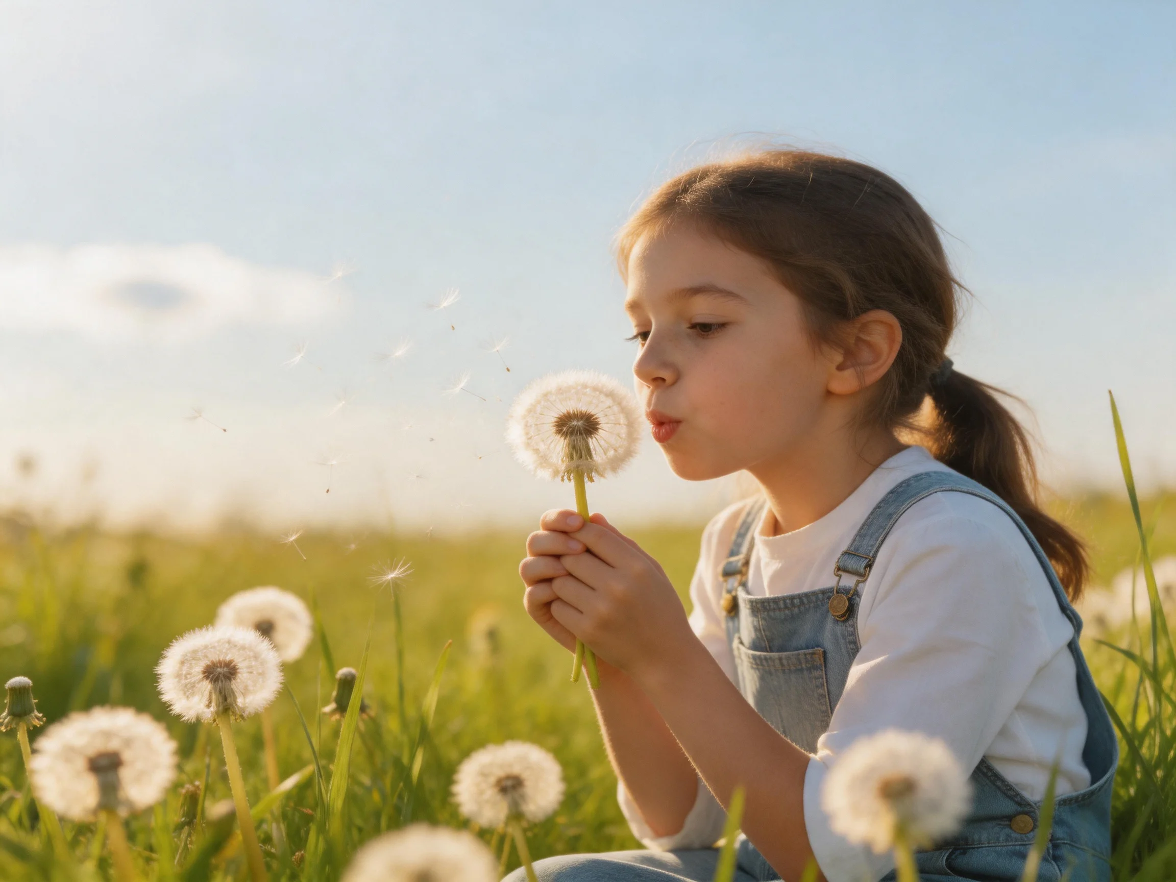 Young girl blows dandelions in a sunlit meadow