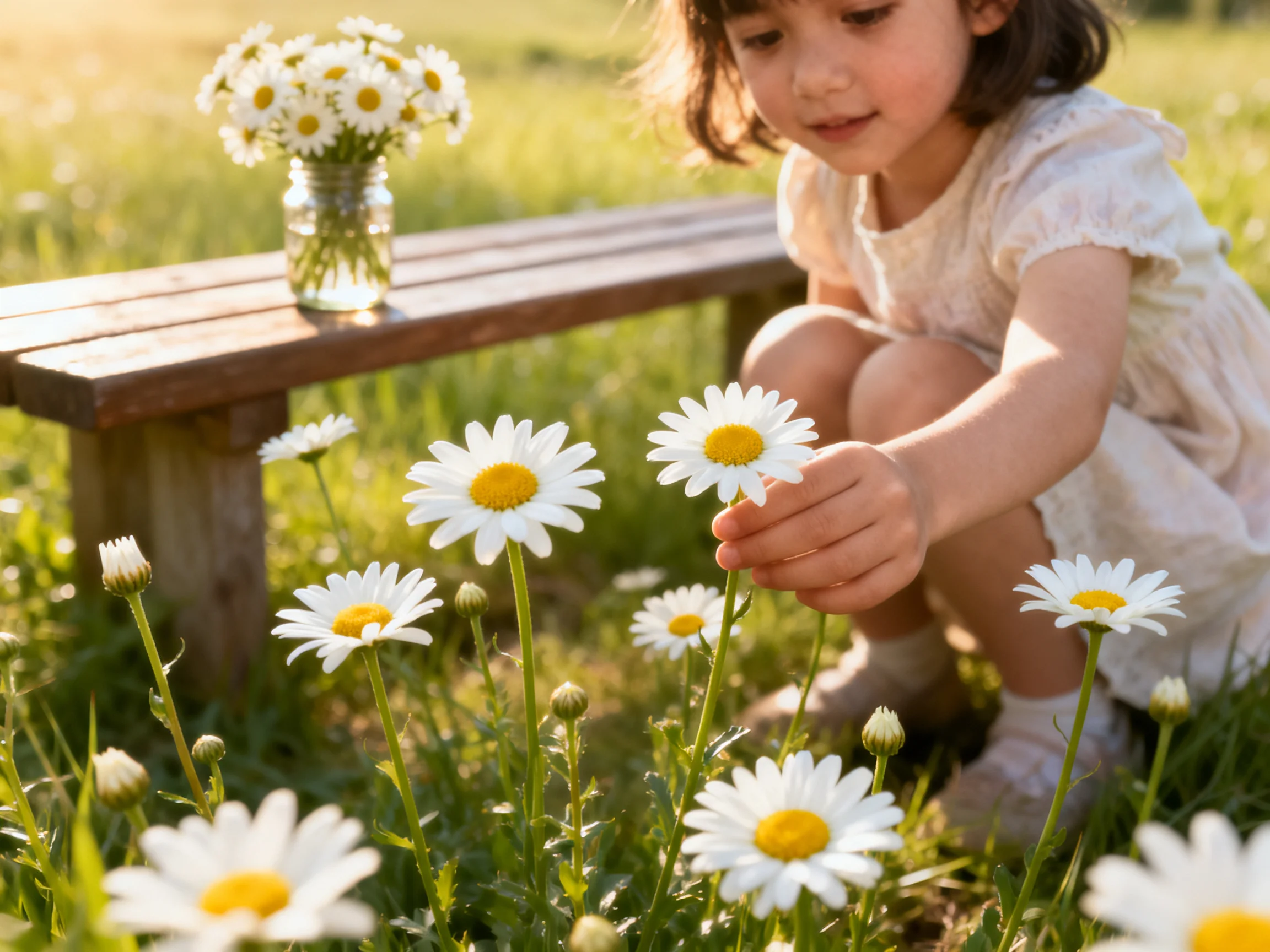 Young girl picking white daisies near wooden bench with flower jar