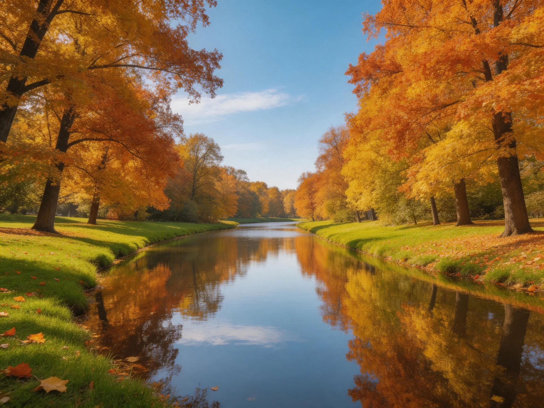 A Calm River Surrounded by Vibrant Autumn Trees