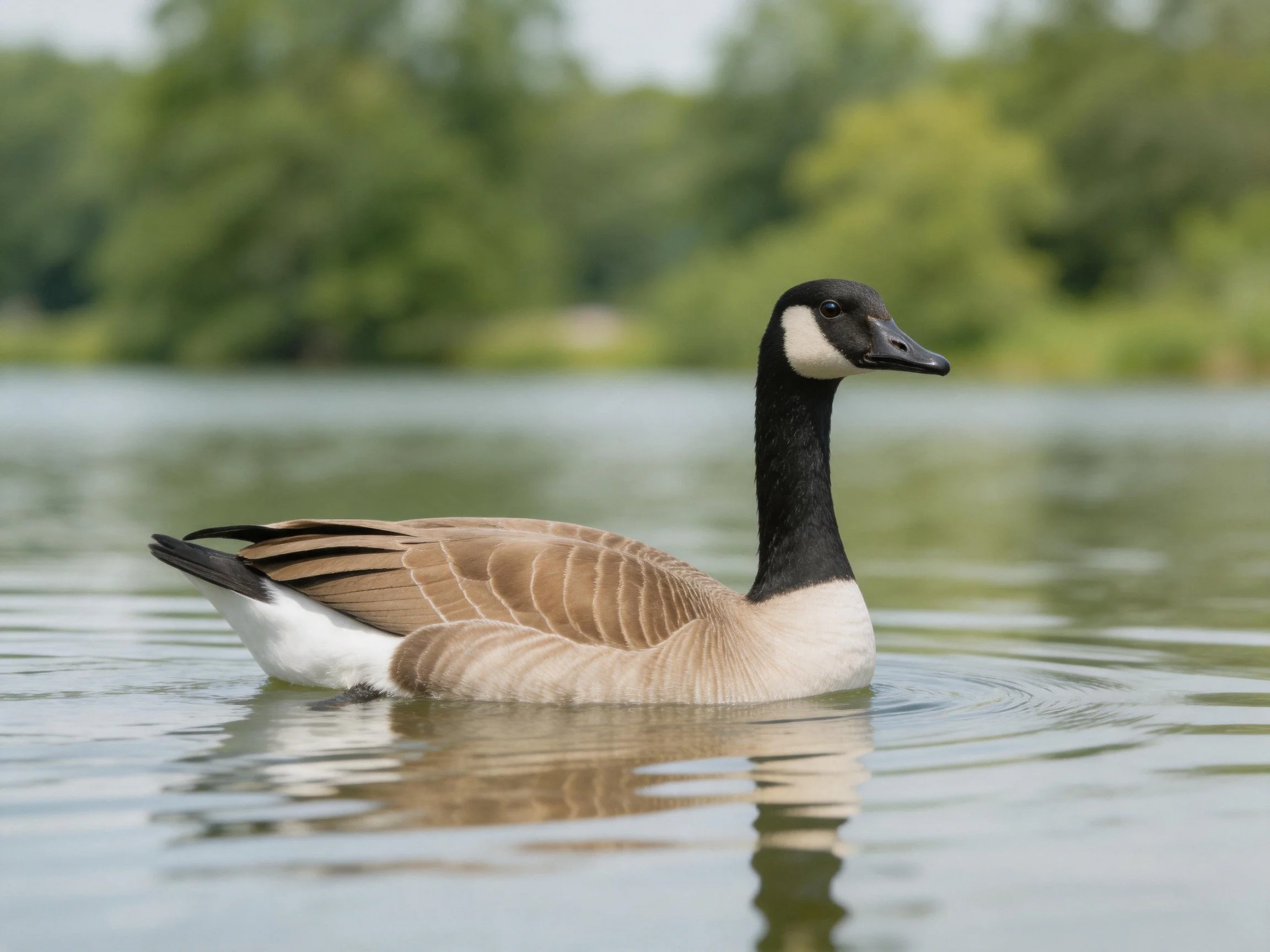 A Canada goose gliding on calm water amid lush greenery