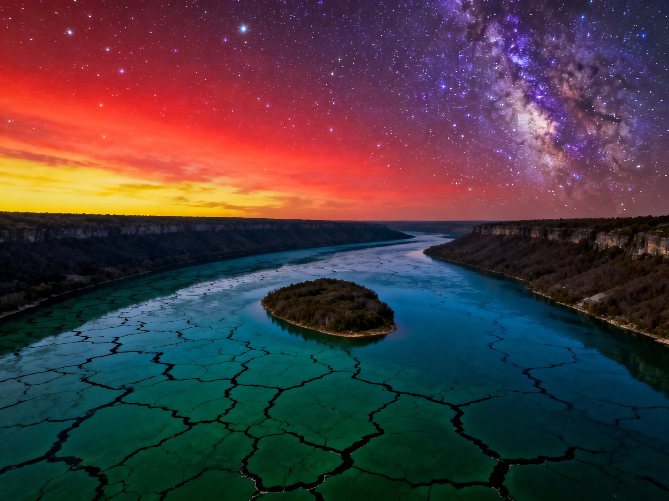 A Canyon River Scene Under a Starry, Colorful Night Sky