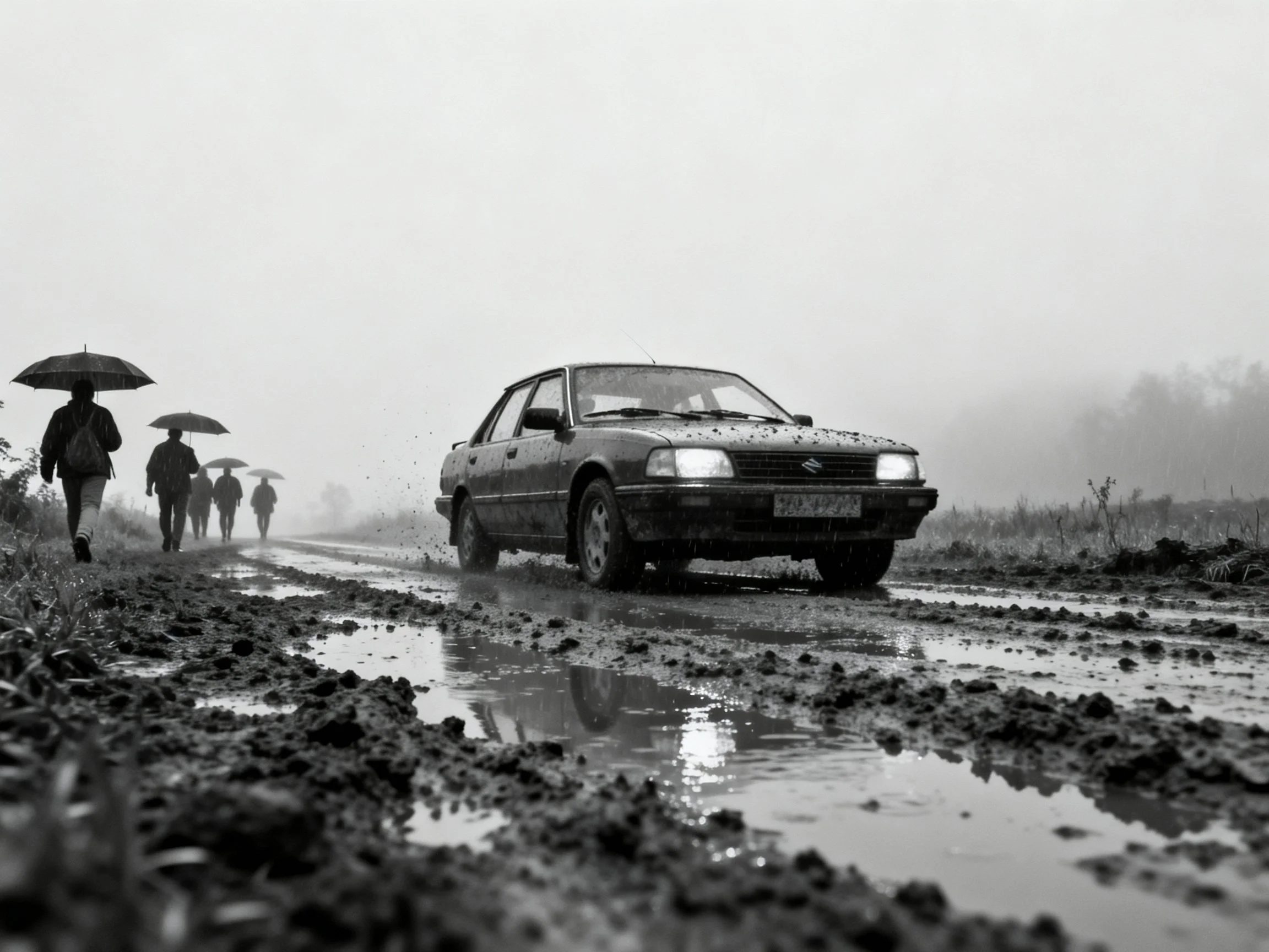 A Car Travels Through Muddy Roads As Pedestrians Walk Under Umbrellas