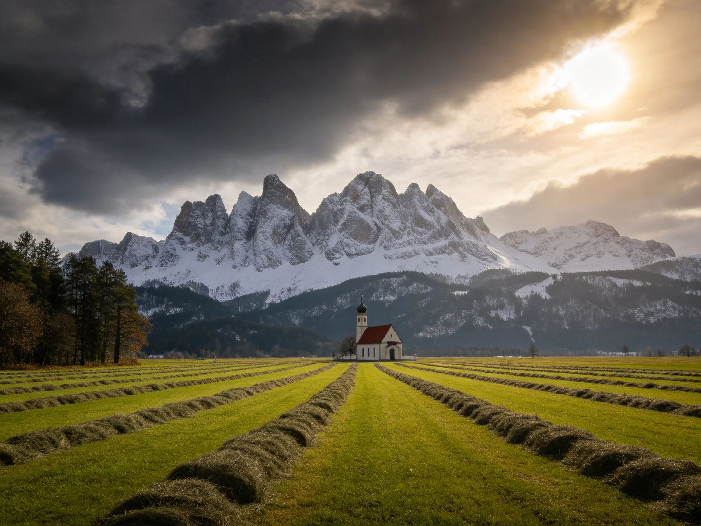 A Church Among Hay Fields with Snow-Capped Peaks