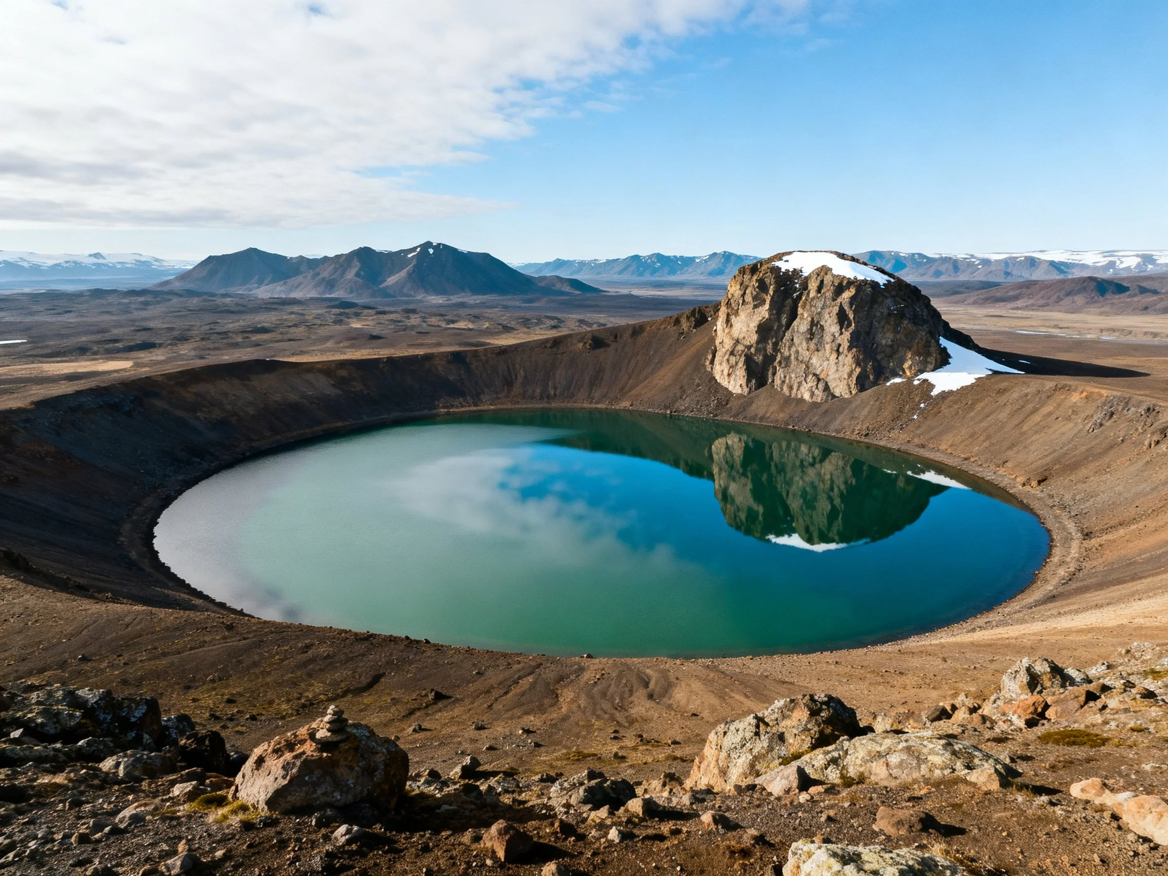 A Circular Crater Lake with Turquoise Waters and Rocky Surroundings
