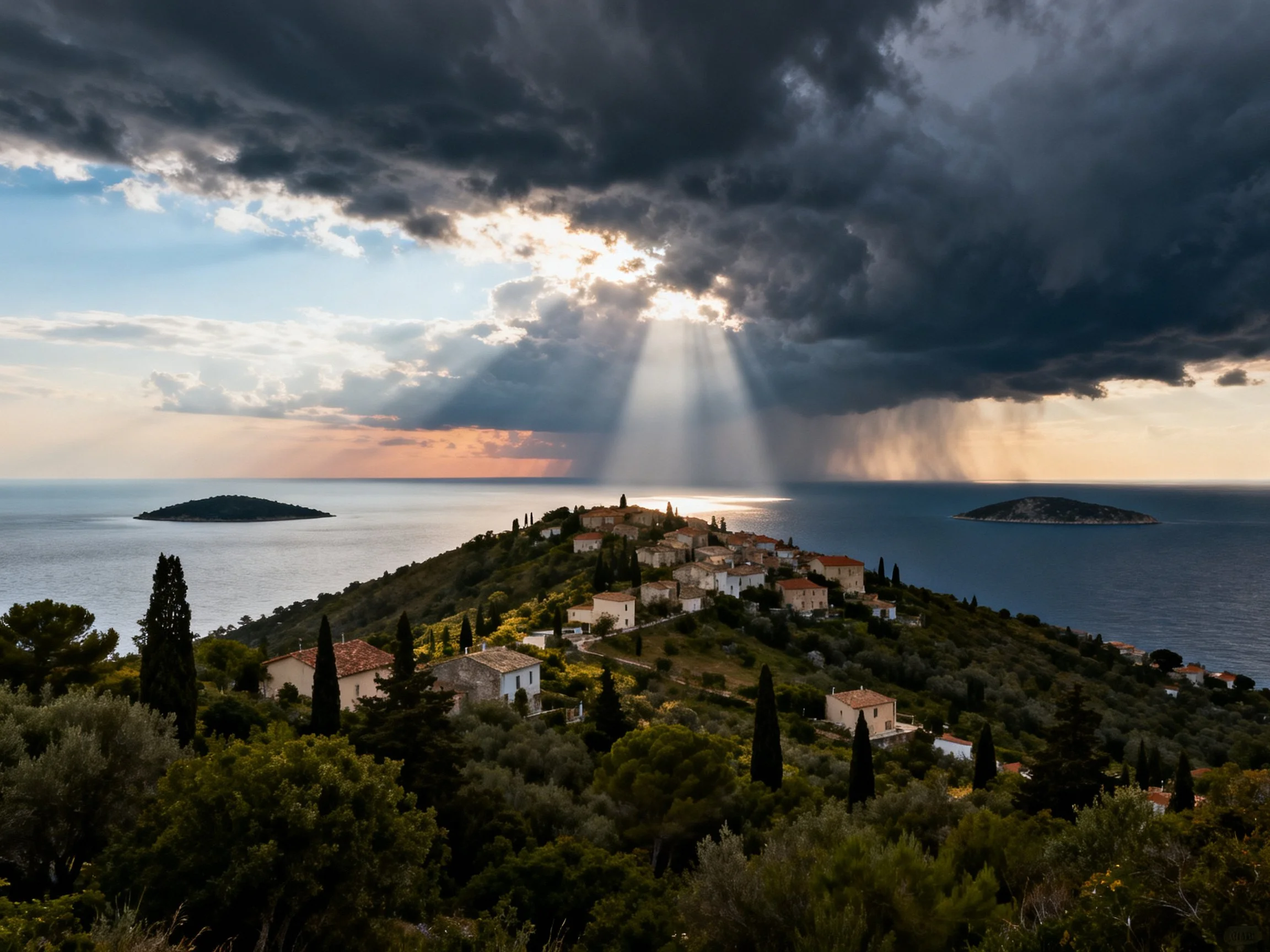 A Coastal Village Under Stormy Skies With Sunbeams
