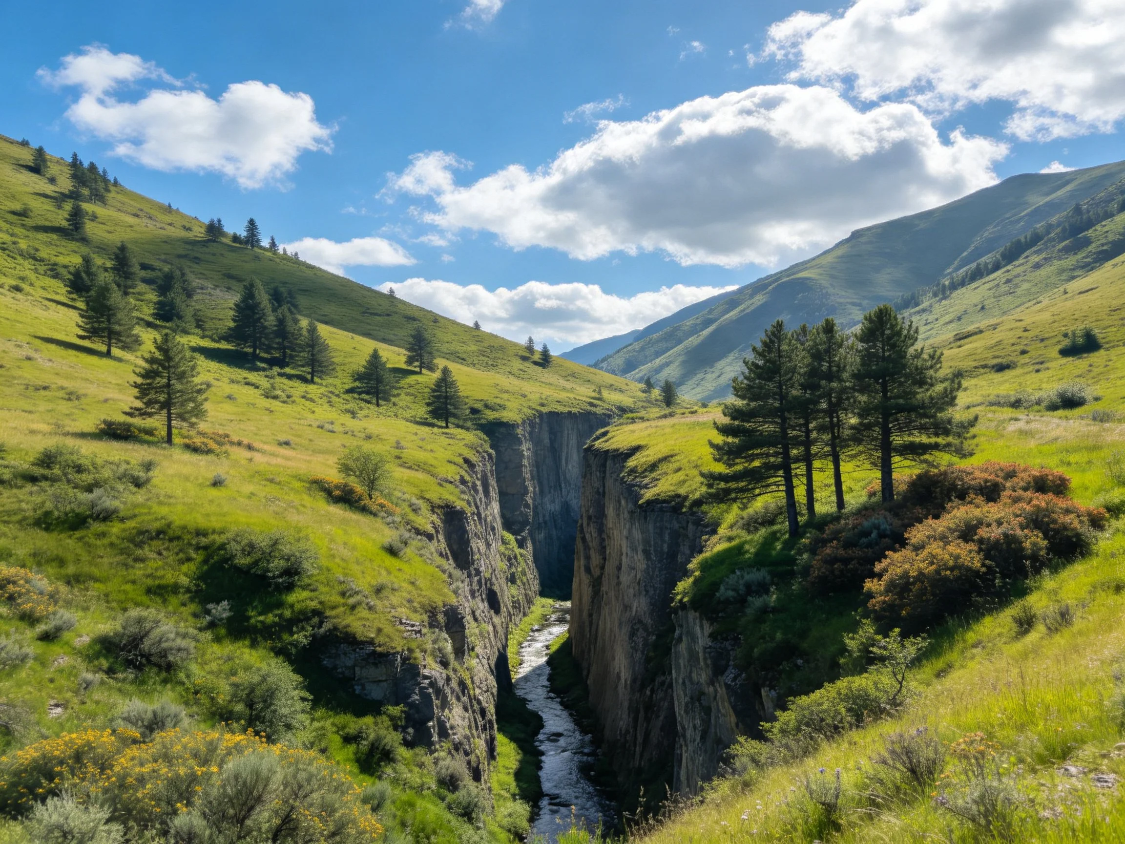 A Deep Canyon With Lush Green Slopes And Scattered Trees