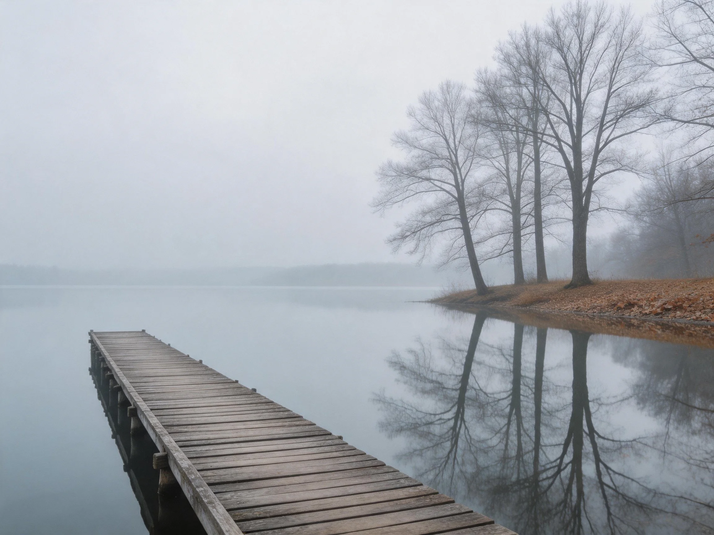 A Foggy Lakeside Dock with Bare Trees Reflecting in Still Water