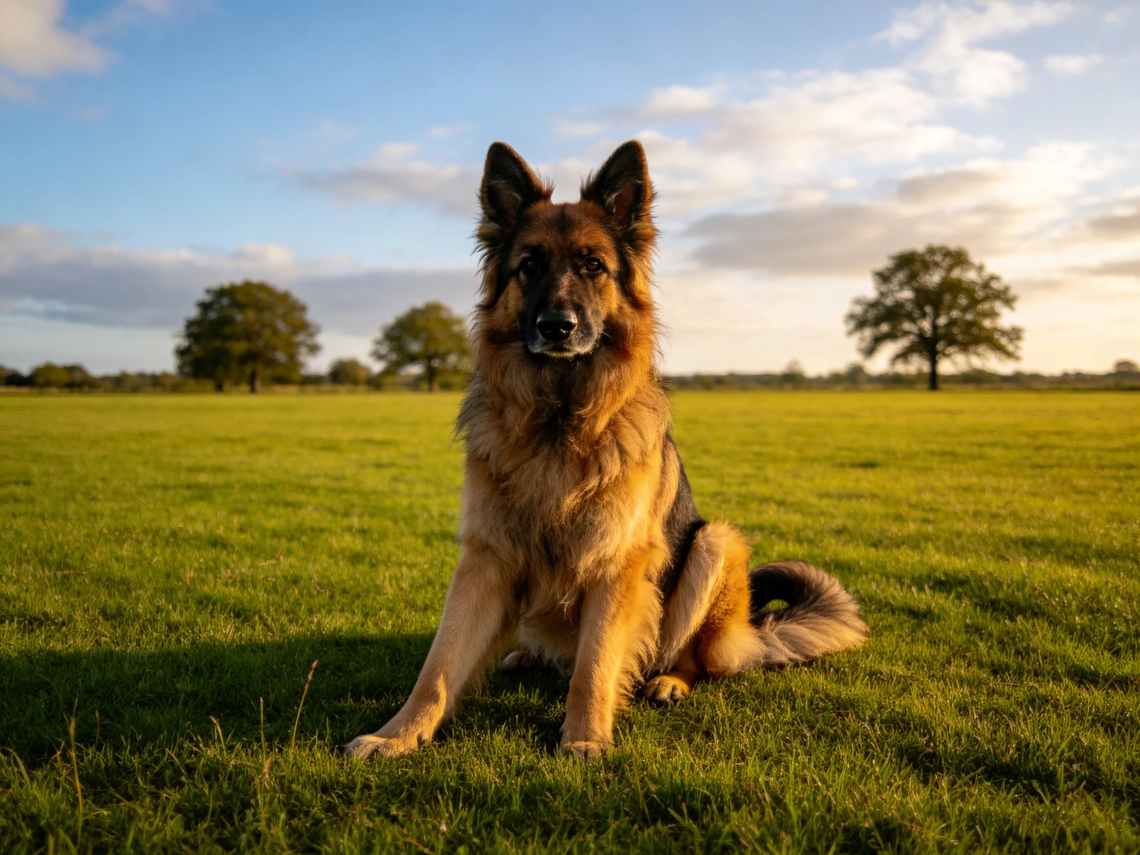 A German Shepherd sits on lush green grass with trees under a partly cloudy sky