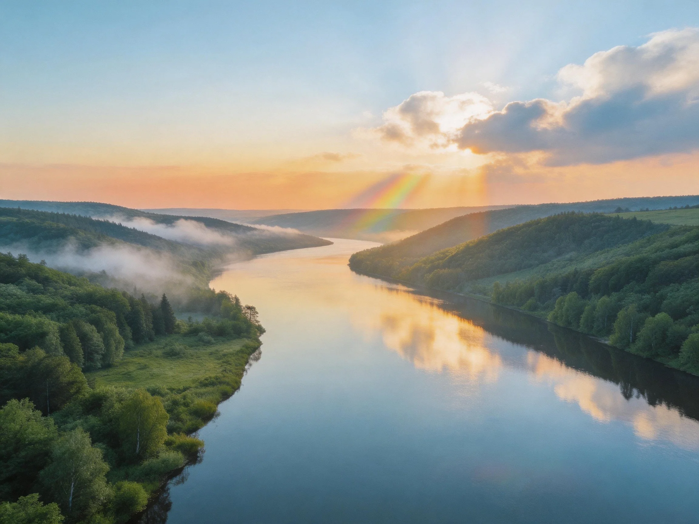 A Golden Sunrise Over a Winding River Through Lush Forests