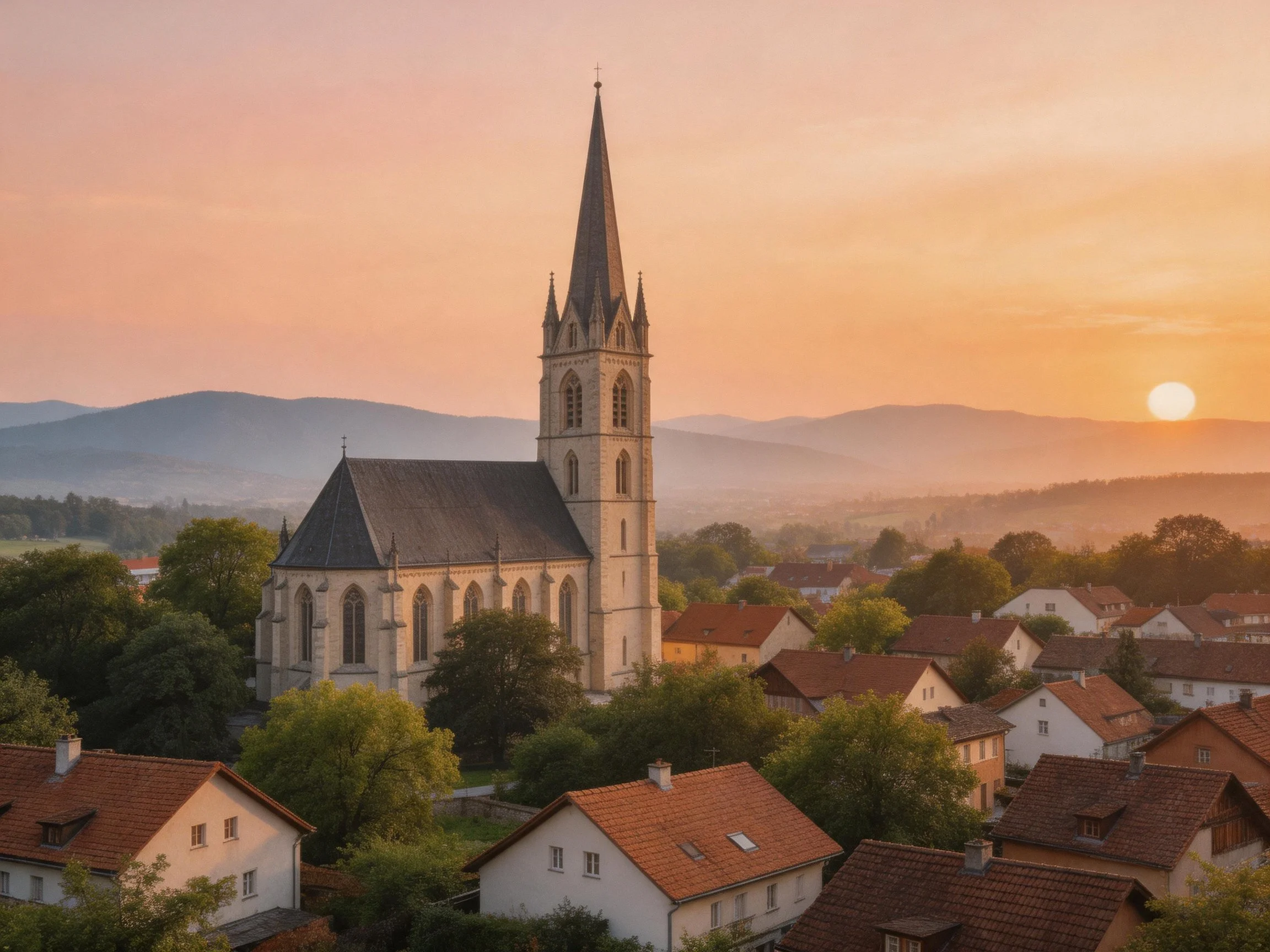 A Gothic-style church tower rises above red-roofed village homes at sunset