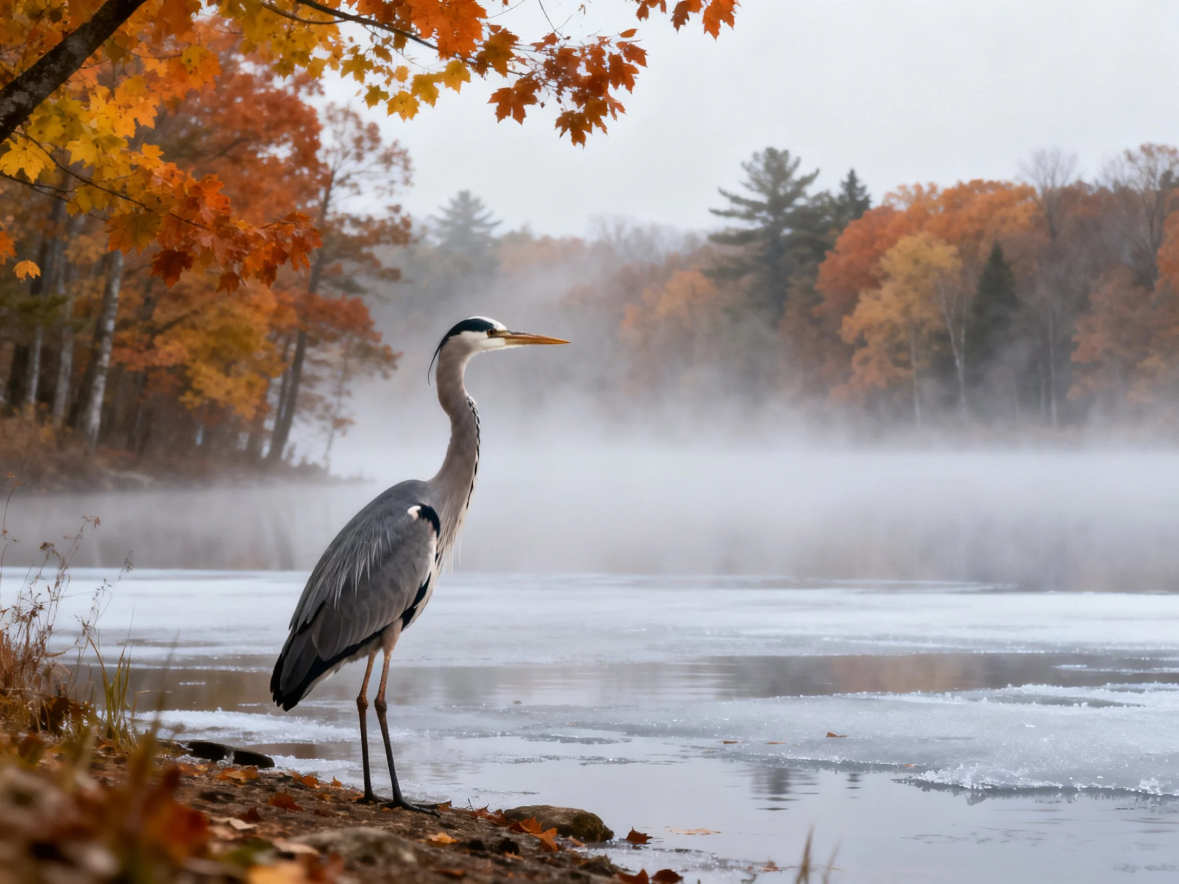 A Great Blue Heron by a Misty Autumn Lake