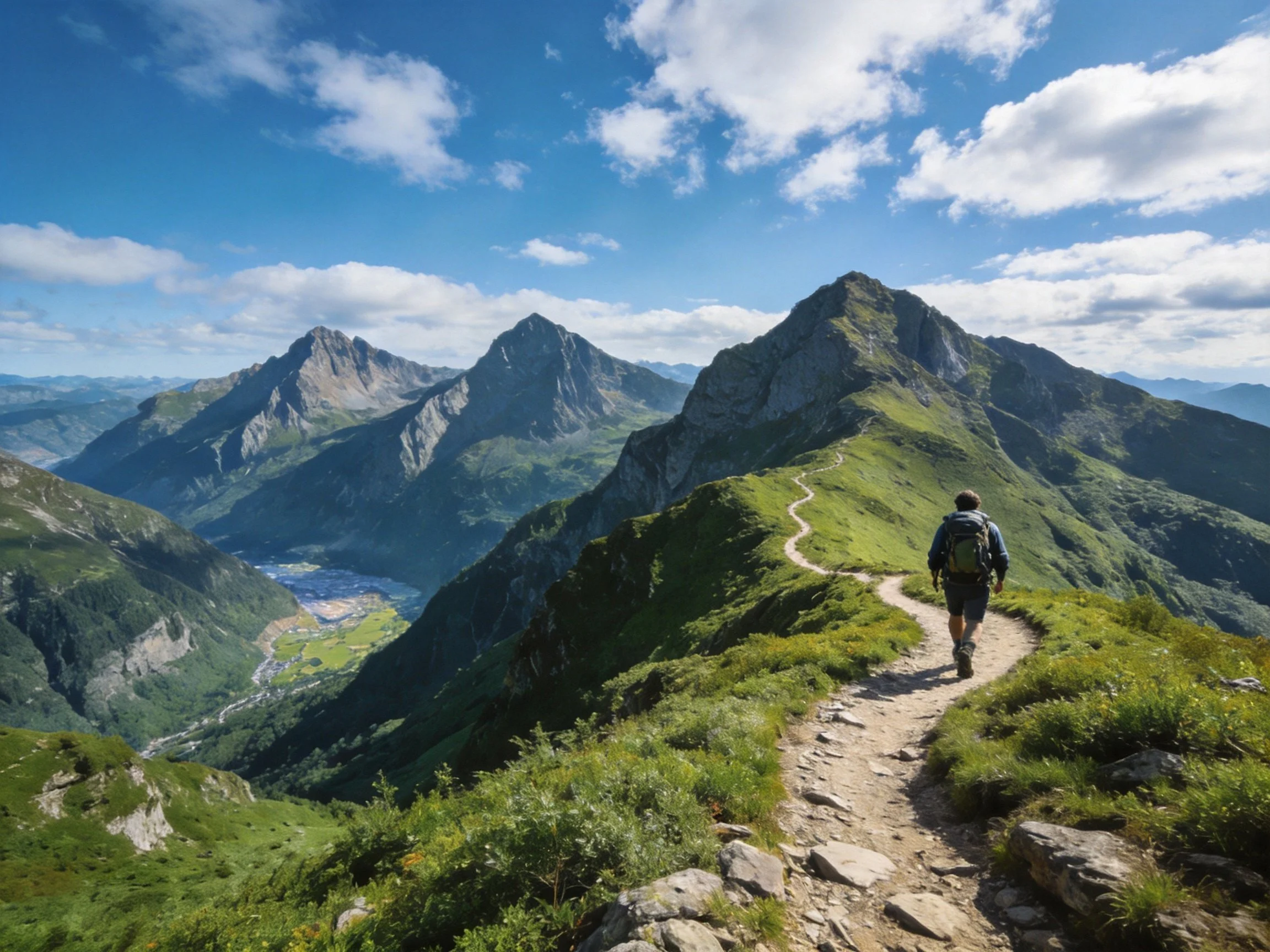 A Hiker Walks Along Lush Green Mountain Trails Under Bright Blue Sky