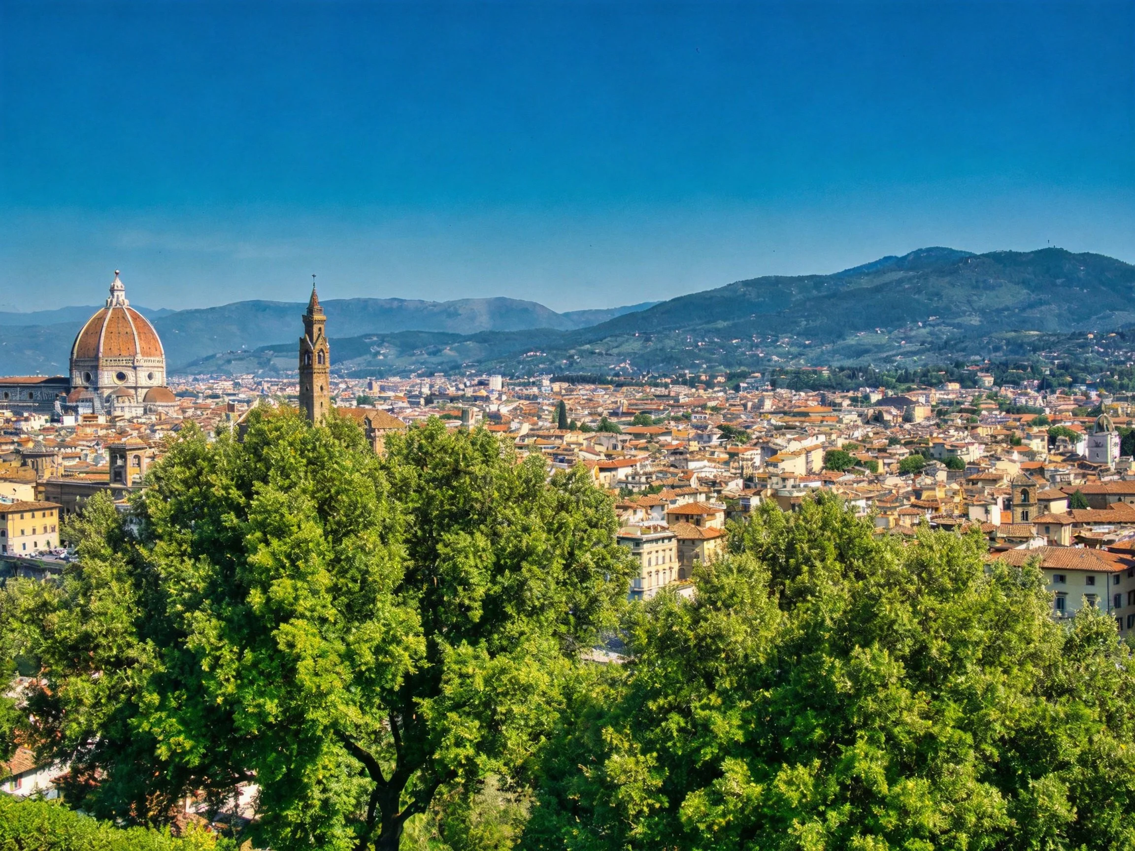 A Historic Cityscape with Cathedral, Tower, and Mountain Backdrop