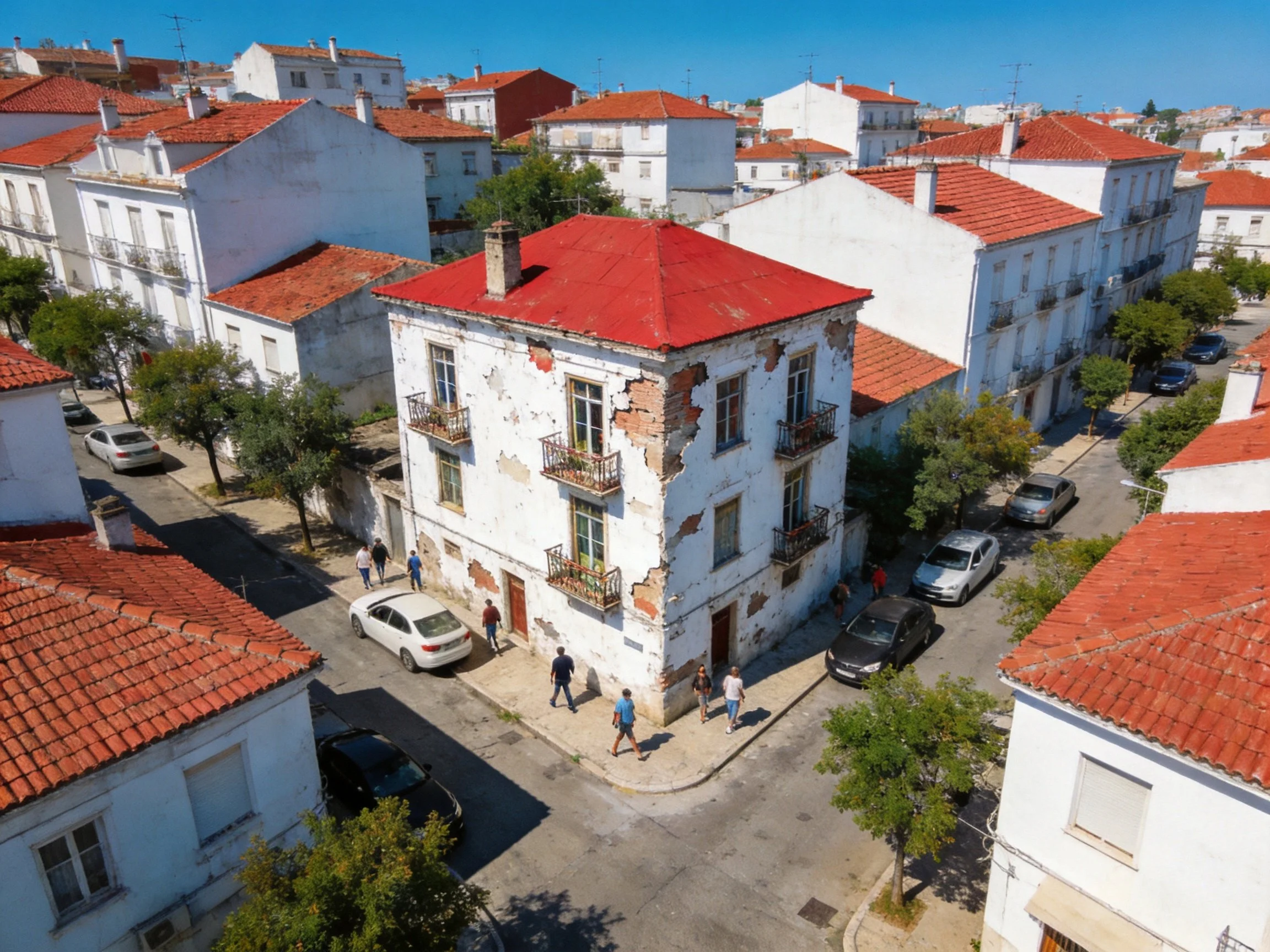 A Historic Corner Building with Peeling White Facade and Red Roof in a Quaint Town