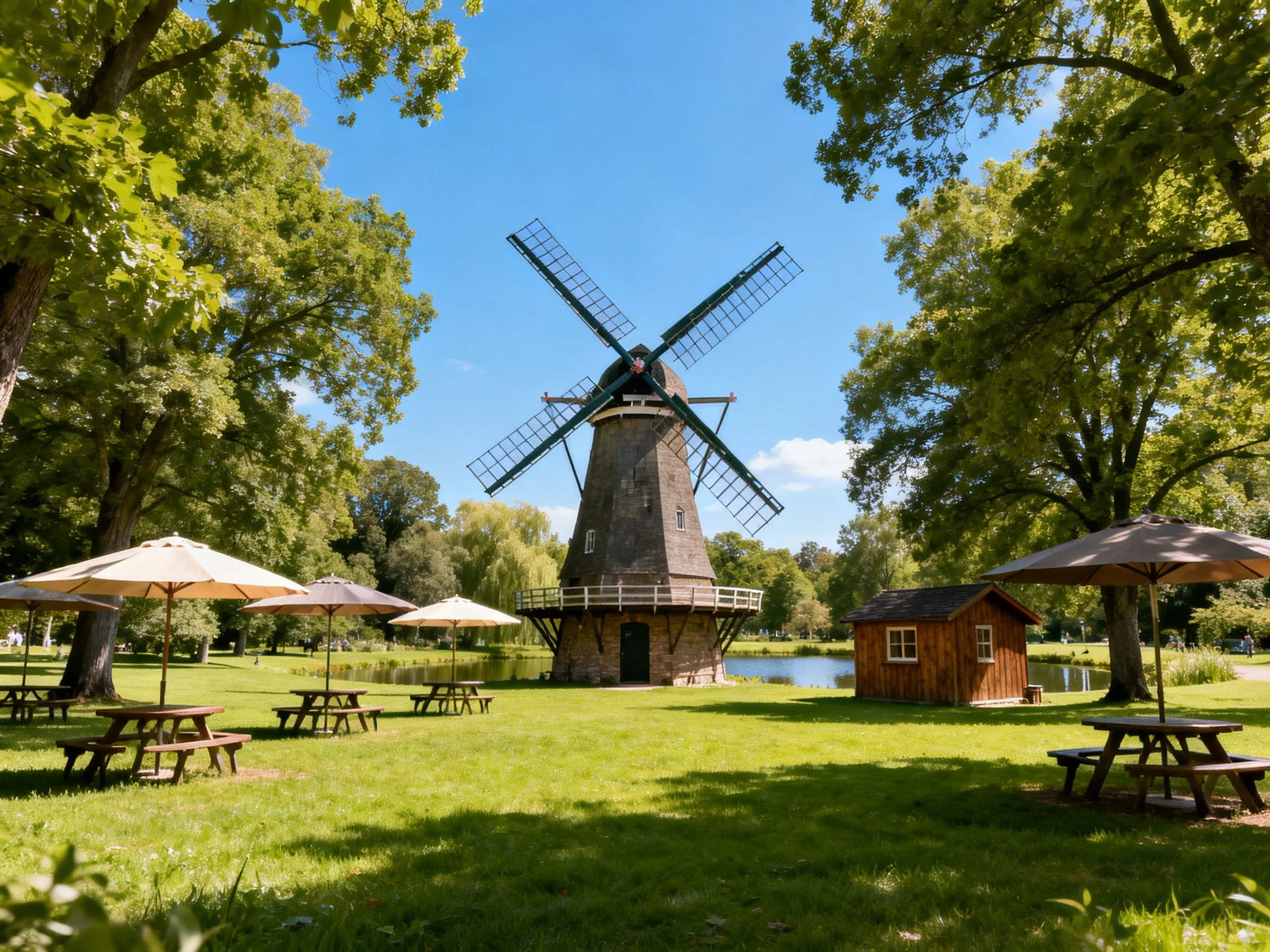A Historic Windmill Near Picnic Tables and a Wooden Shed