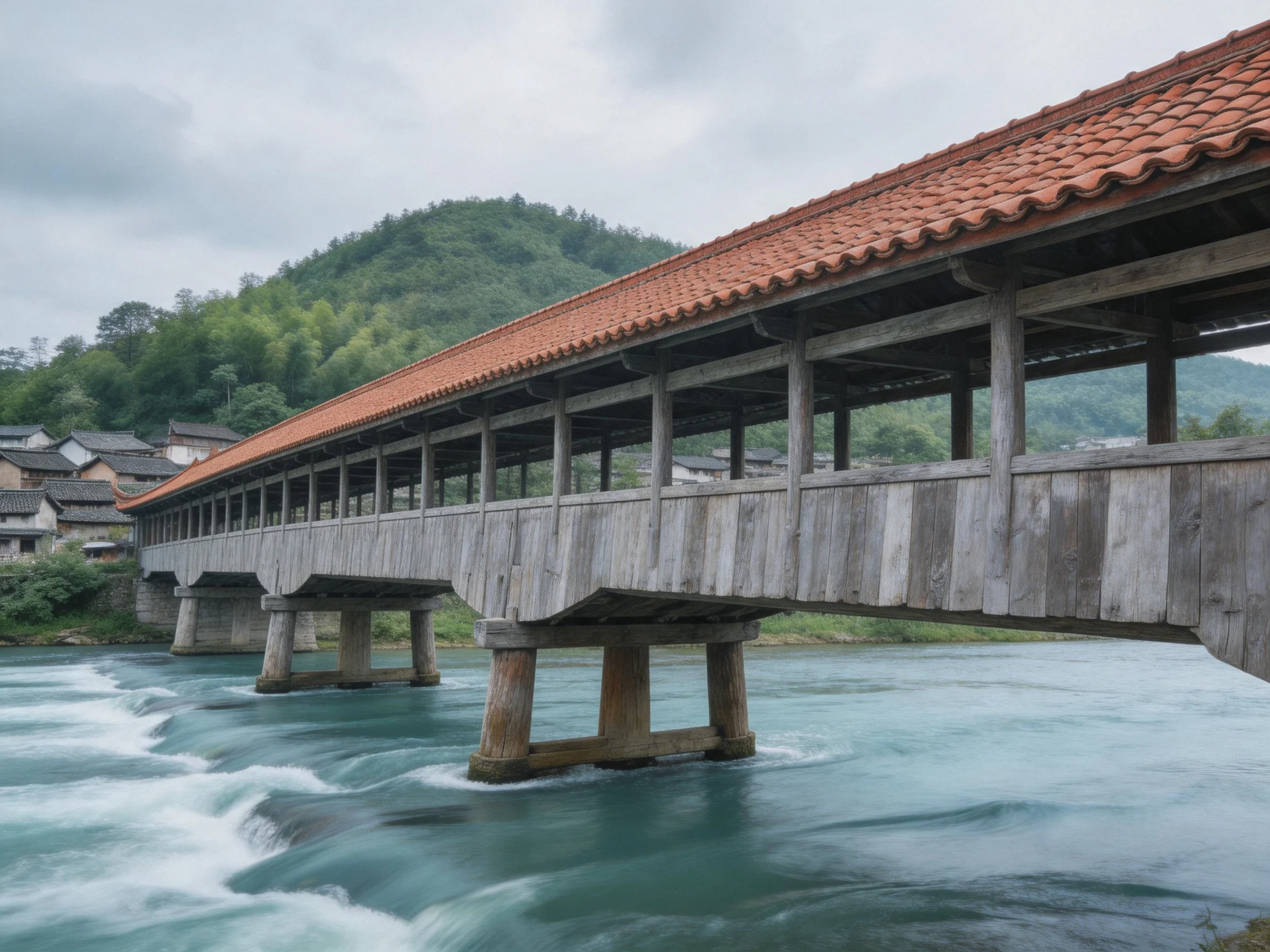 A Long Wooden Covered Bridge Over Flowing Turquoise Water
