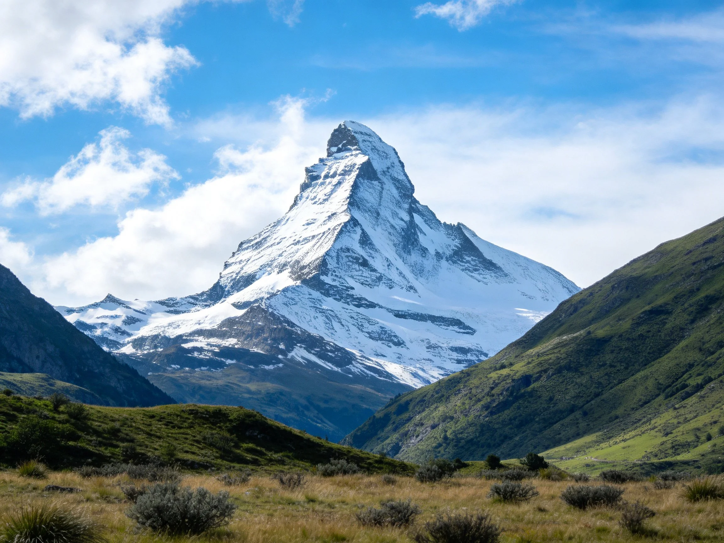 A Majestic Snow-Capped Peak Rises Over Verdant Valleys Under a Bright Blue Sky