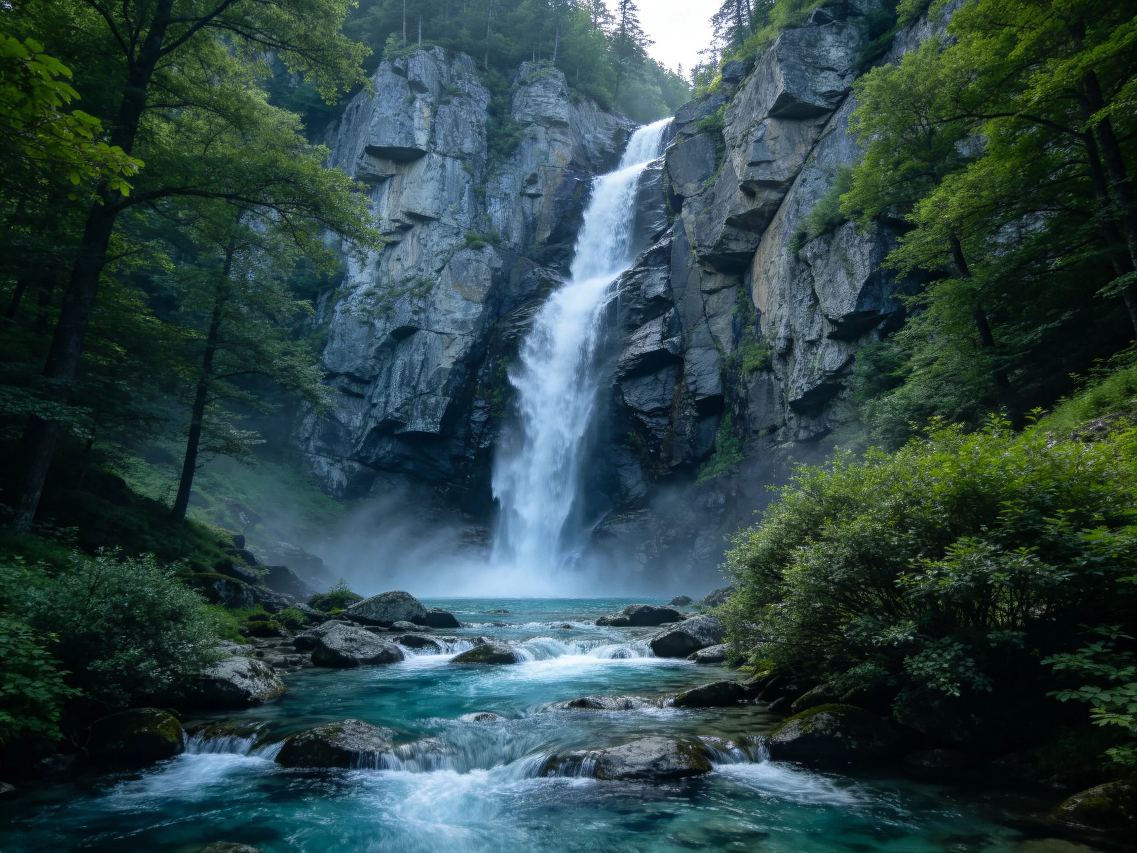 A Majestic Waterfall Over Rocky Cliffs Into Turquoise Waters