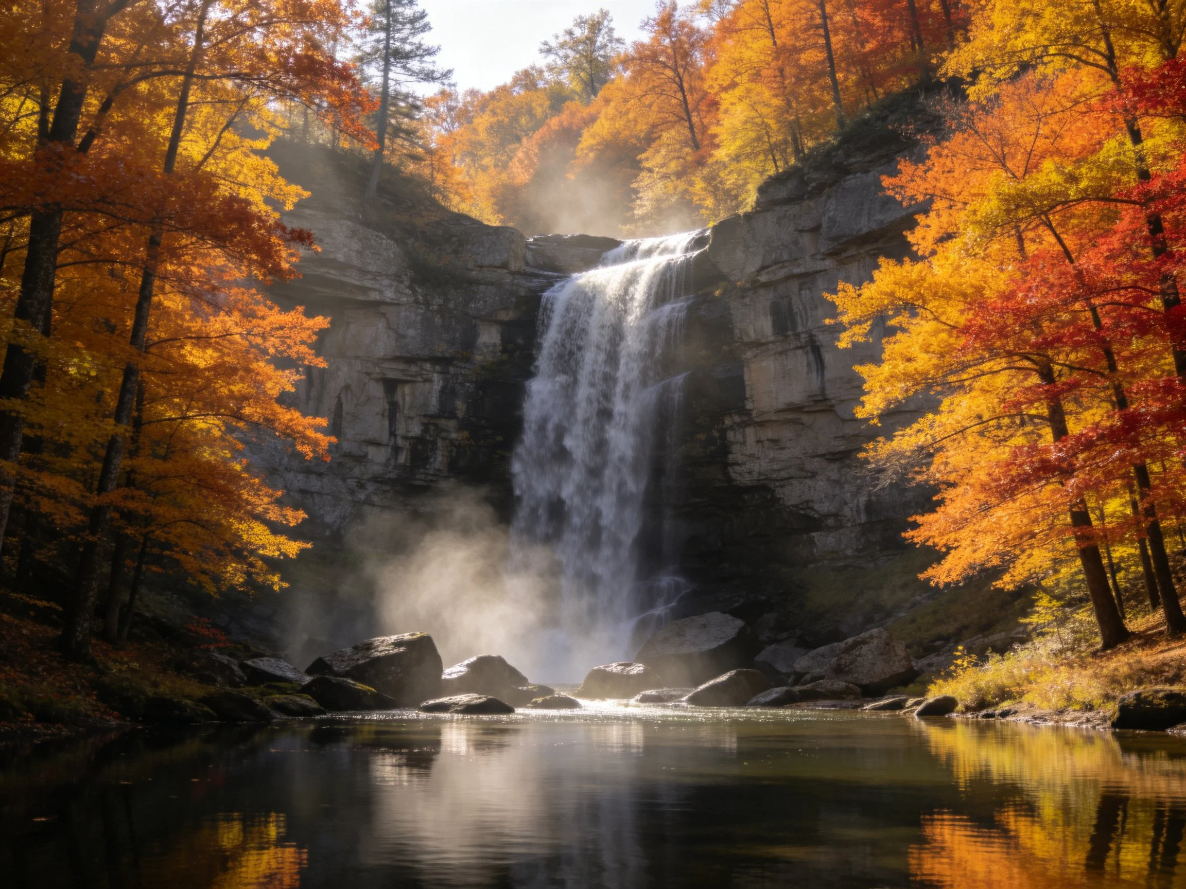A Majestic Waterfall Surrounded by Vibrant Autumn Trees