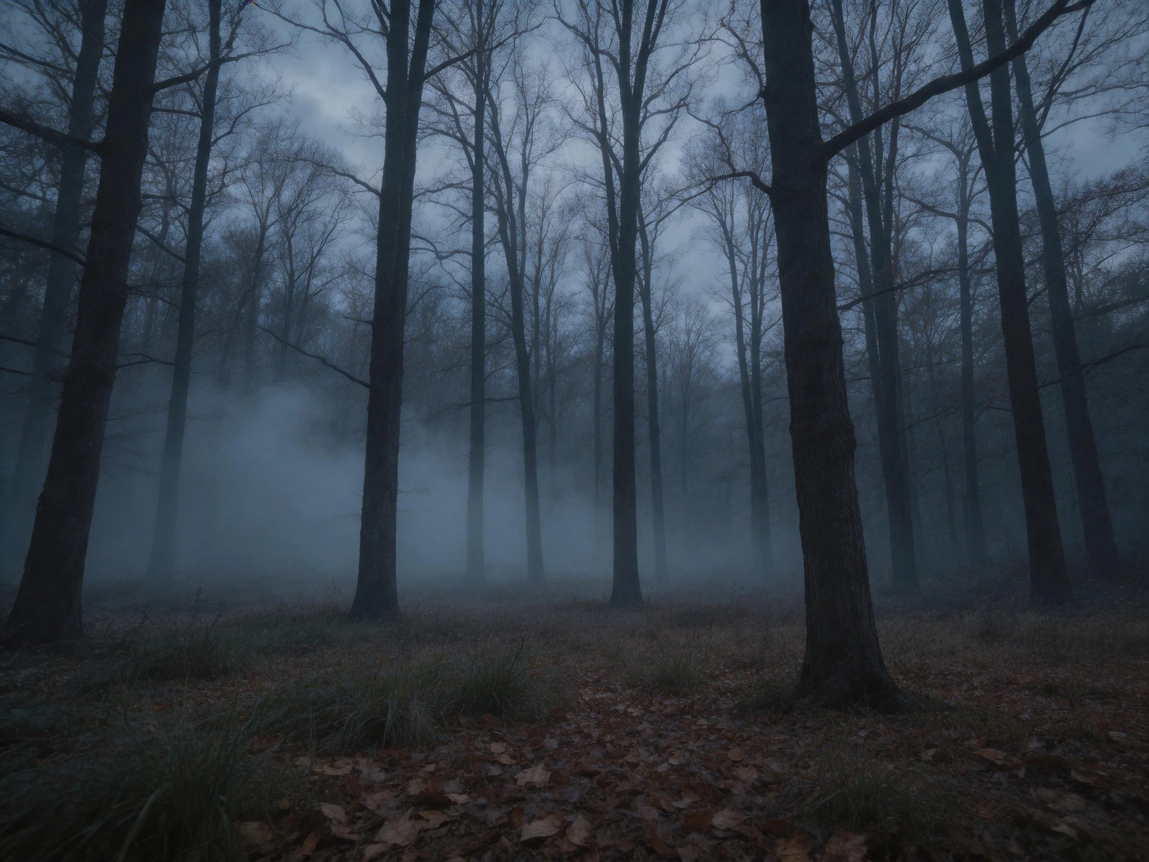 A Misty Forest with Tall Leafless Trees
