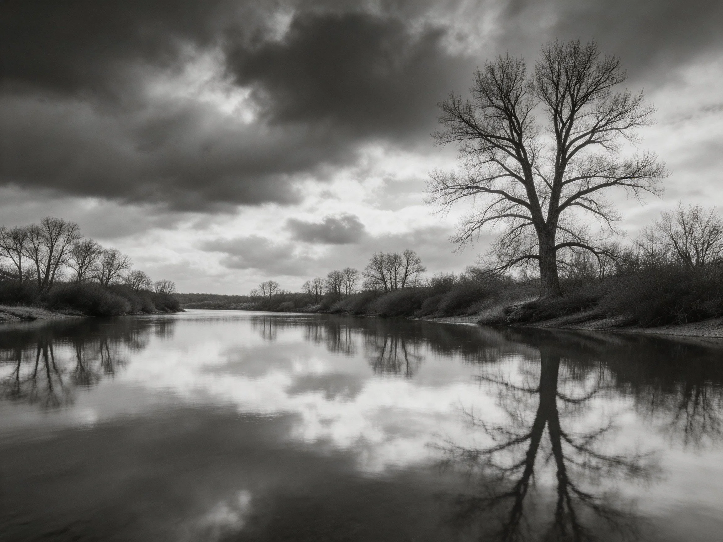 A Monochrome River Scene with Bare Trees and Stormy Sky