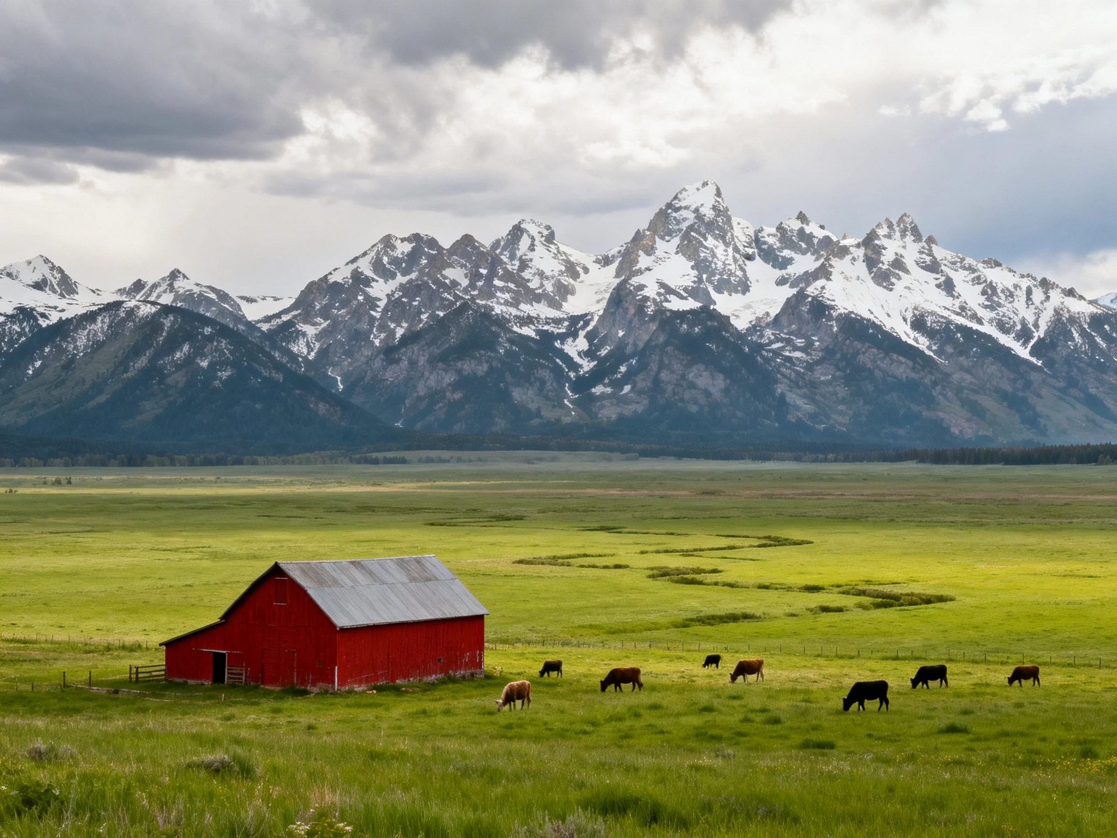A Red Barn Near Snow-Capped Mountain Peaks With Grazing Cattle