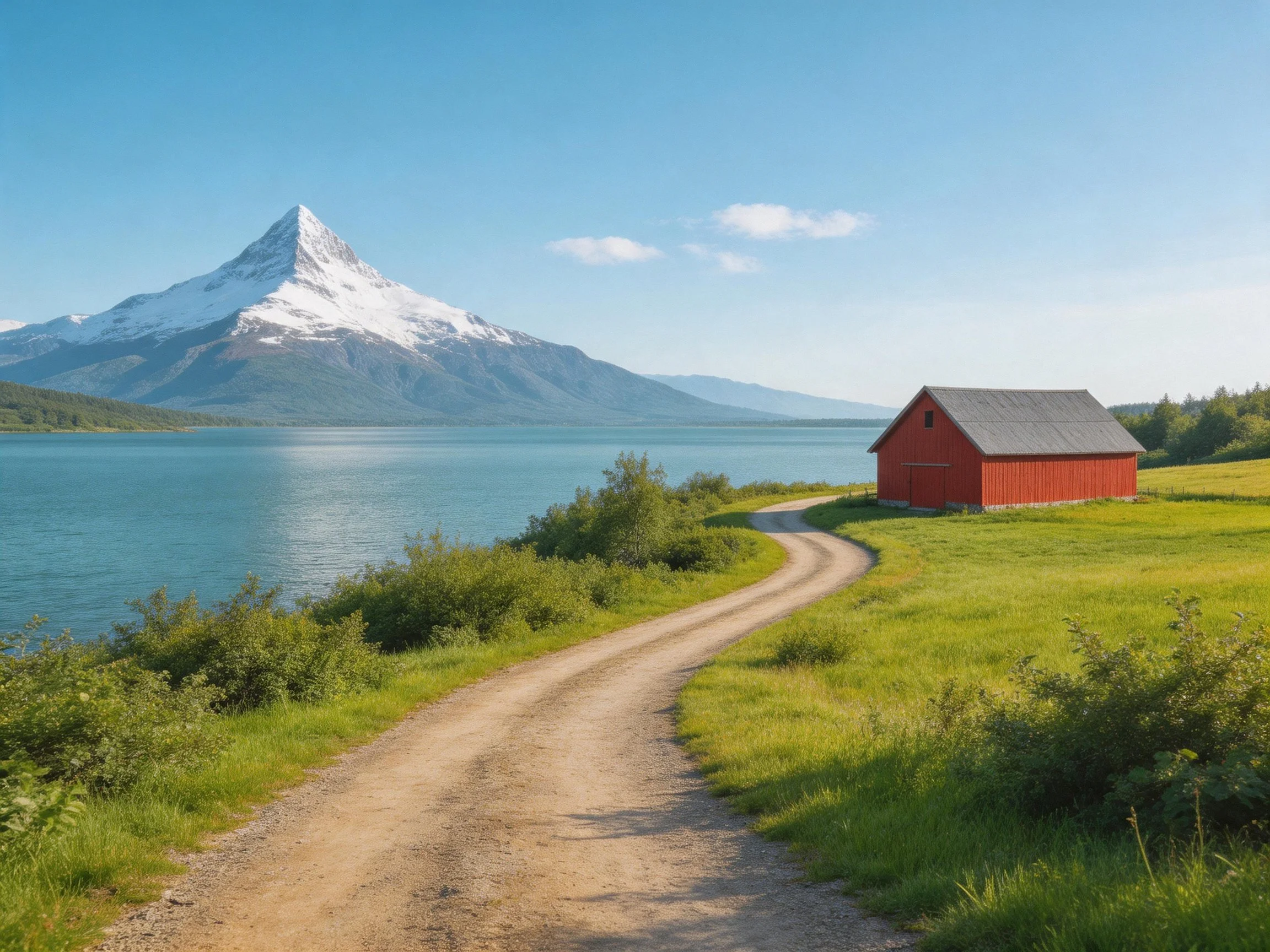 A Red Barn Near a Lake with a Snow-Capped Mountain