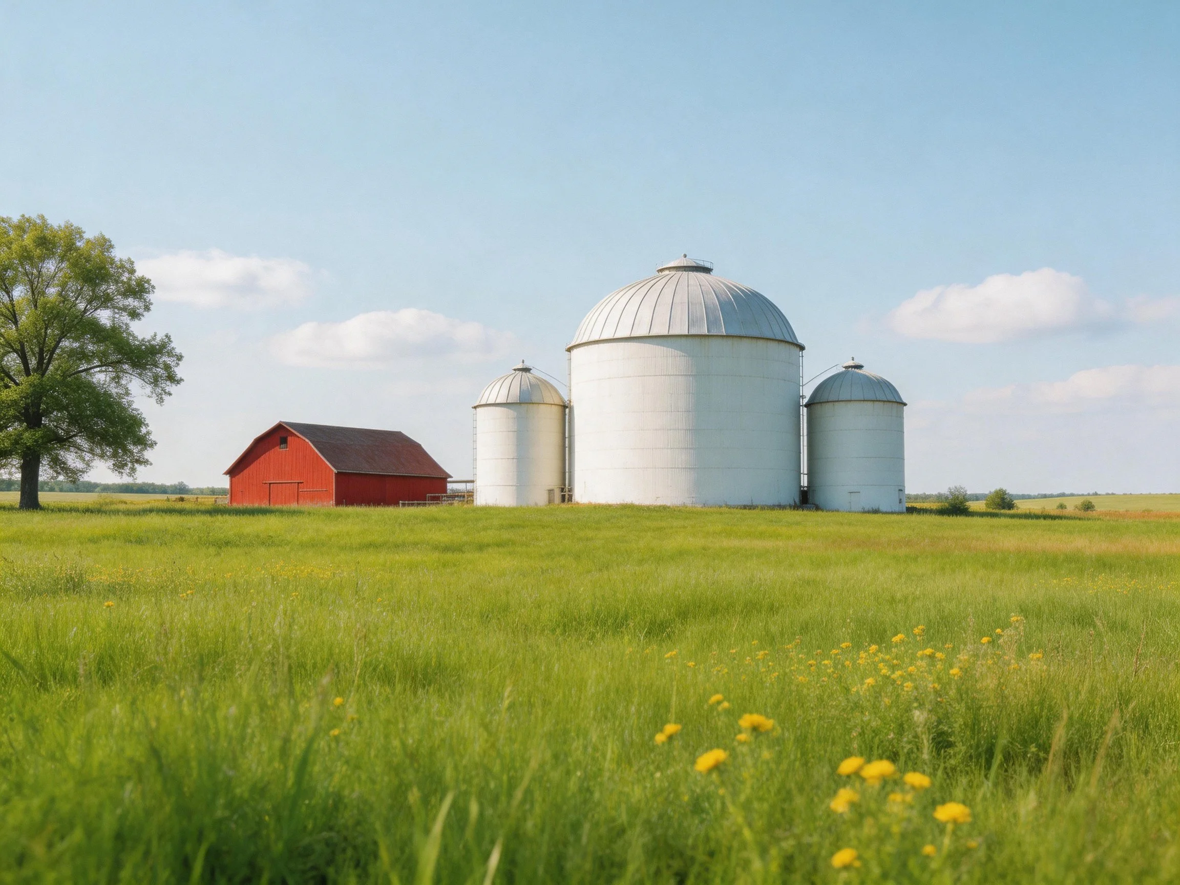 A Red Barn, Three Silos, and Lush Green Field Under Clear Sky