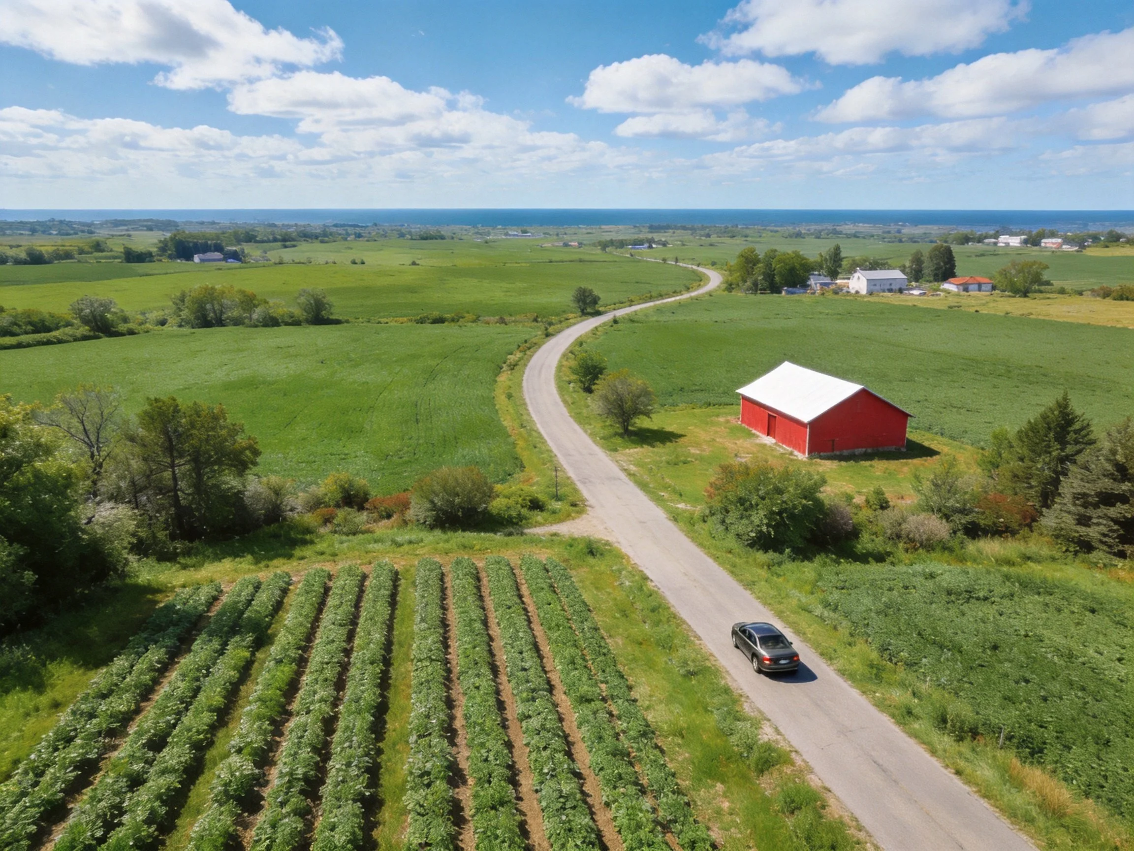 A Red Barn by a Winding Road Through Lush Green Fields