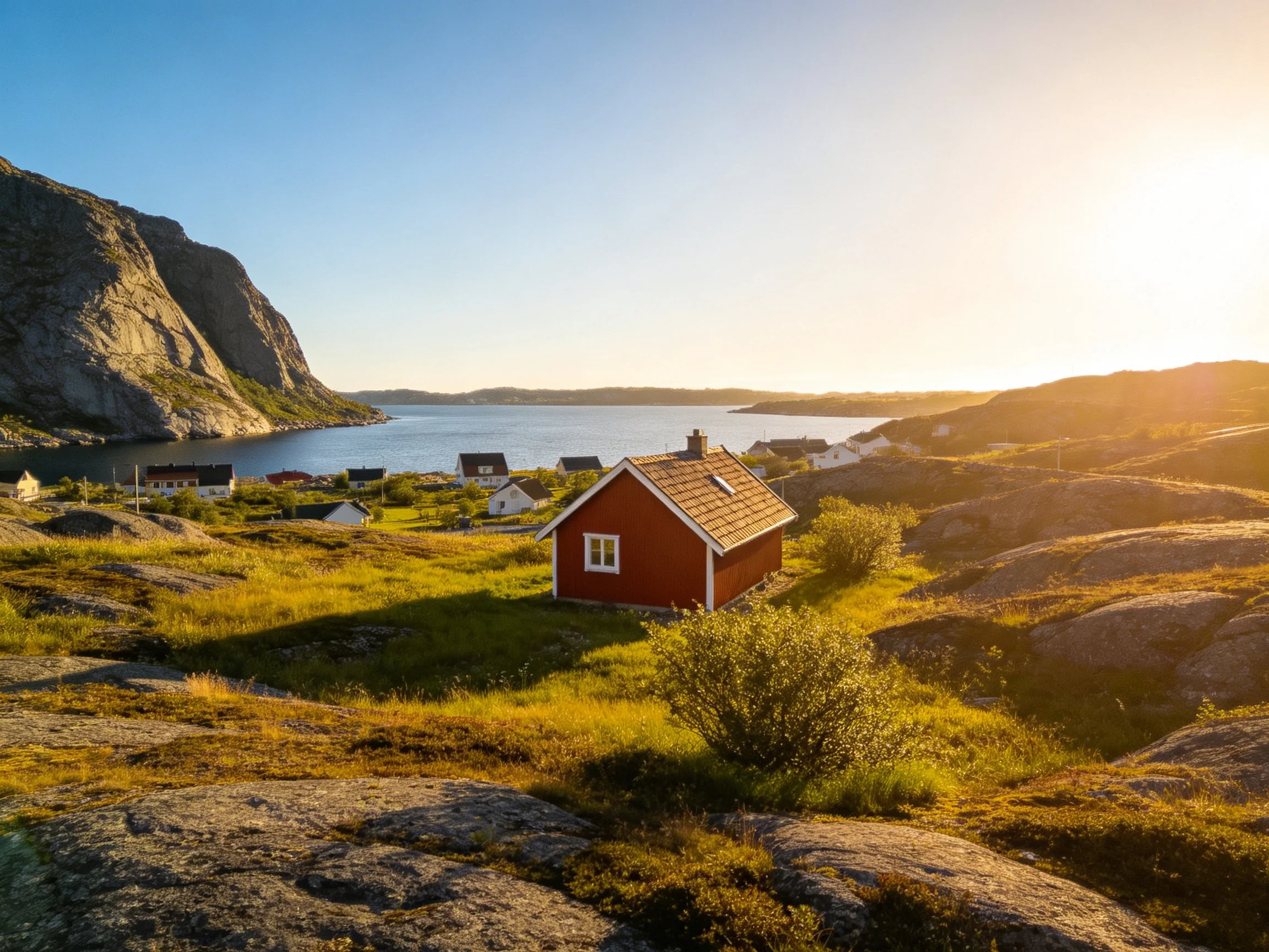 A Red Cabin Among Rocky Hills by a Fjord at Sunset