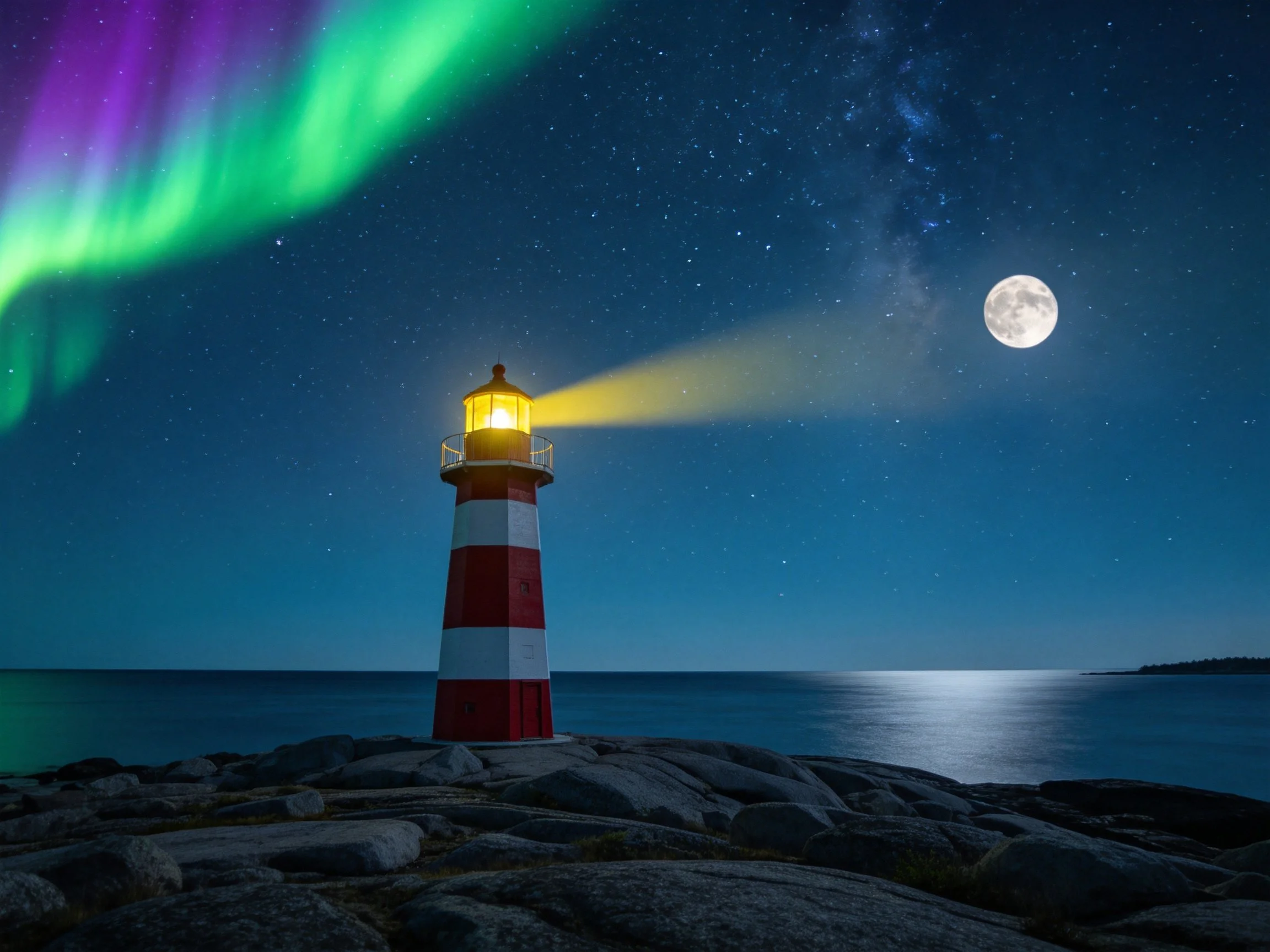 A Red-and-White Lighthouse Beneath Northern Lights and Full Moon