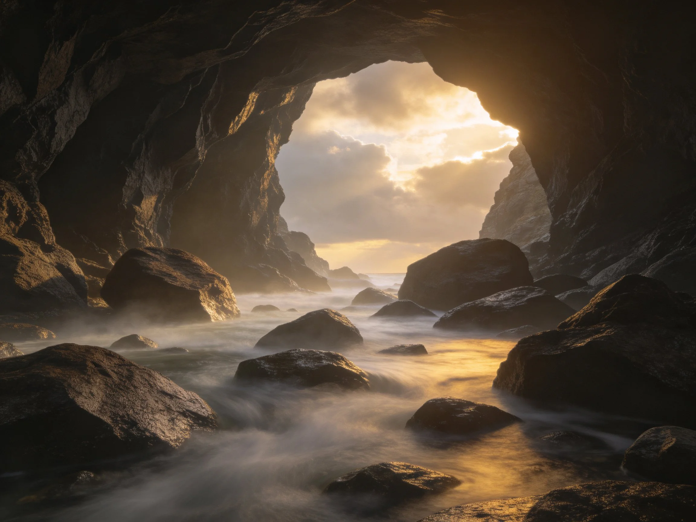 A Rocky Coastal Cave with Golden Sunset and Misty Waters