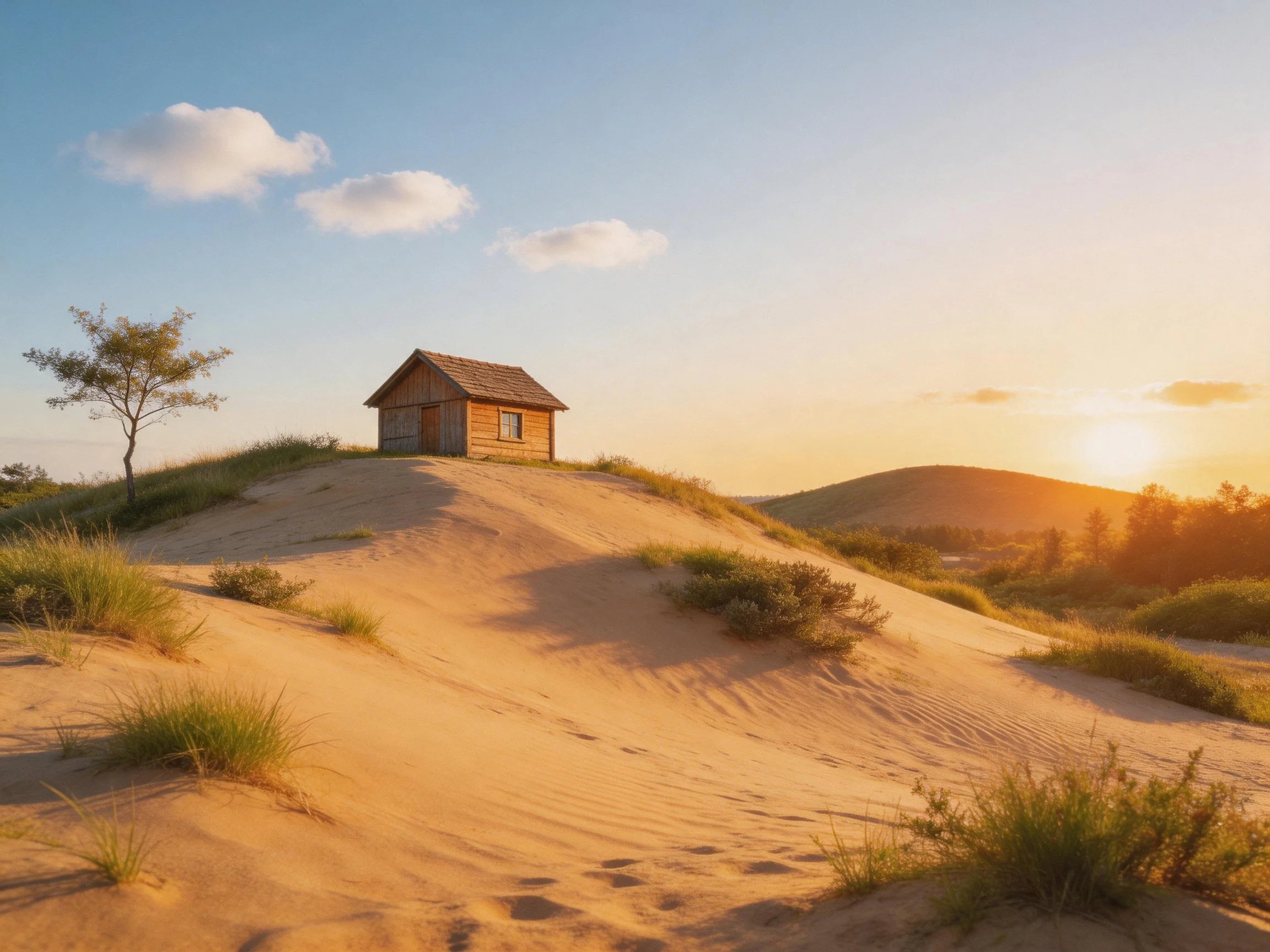 A Rustic Cabin on Sunlit Sand Dunes Under a Clear Sky