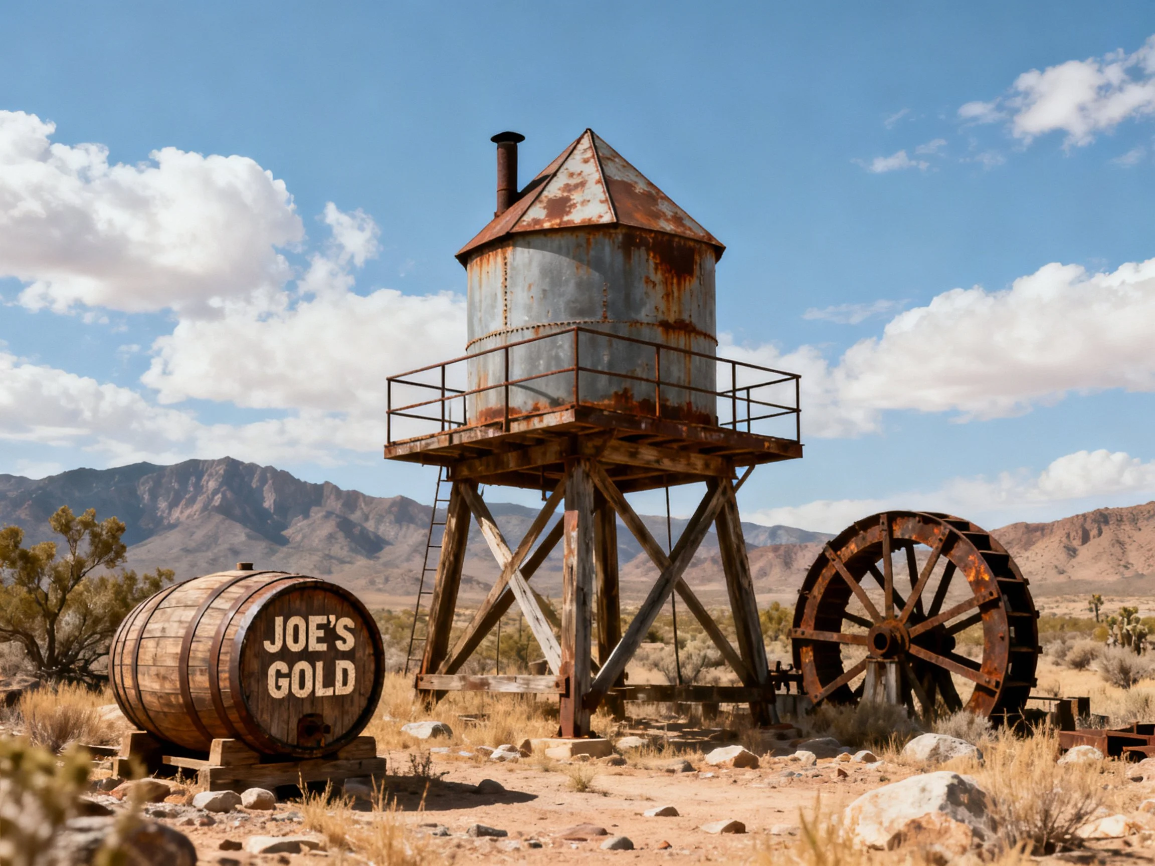 A Rustic Water Tower Near Desert Mountains with Wooden Barrel and Wheel