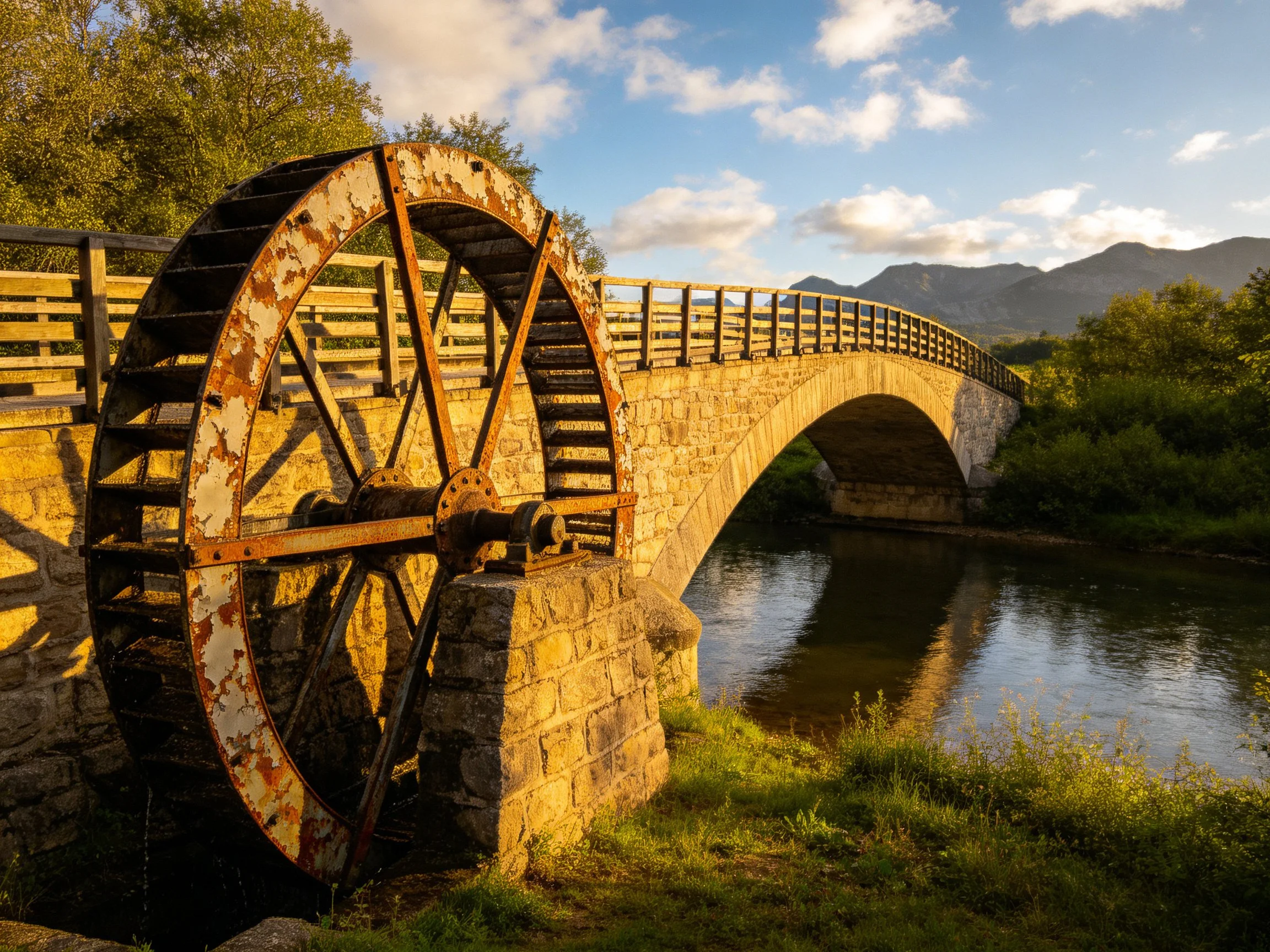 A Rusty Water Wheel Near a Historic Stone Bridge Over a River