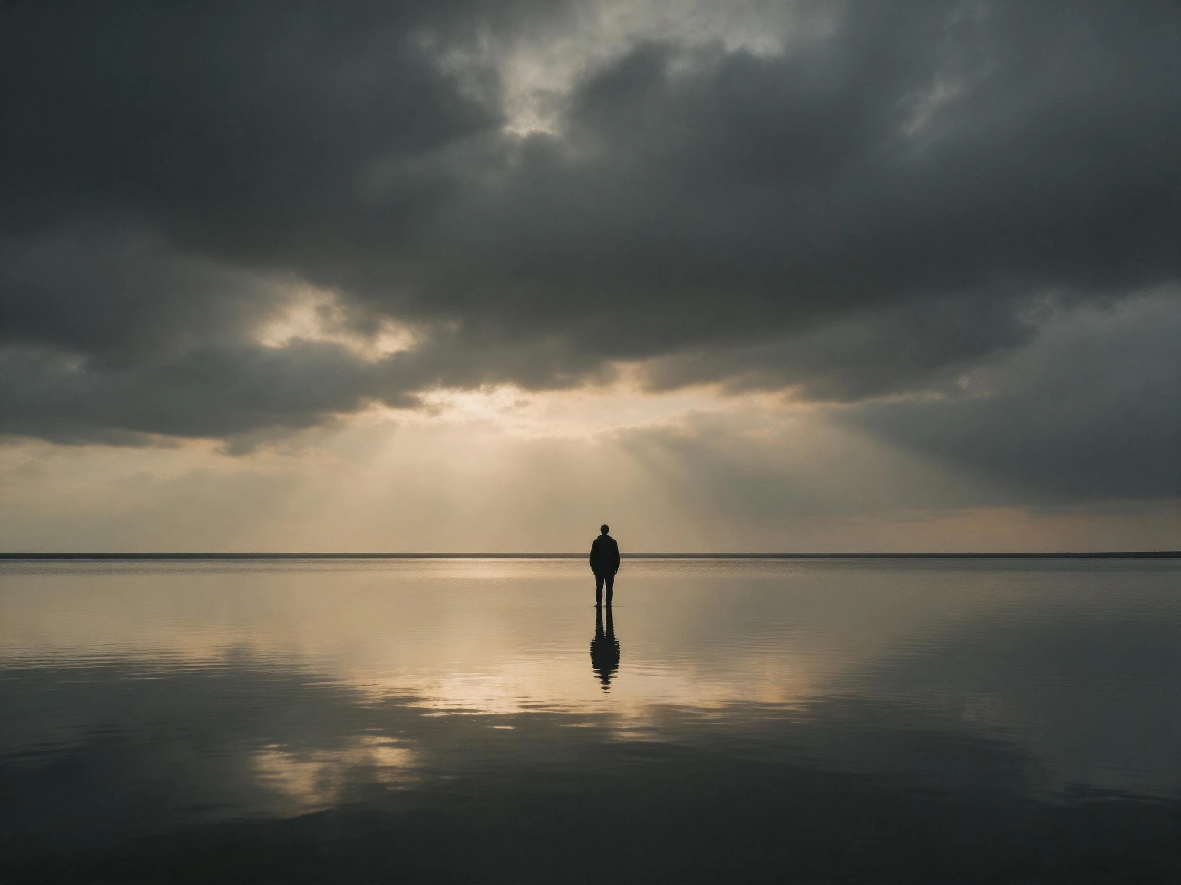 A Silhouetted Figure on Reflective Water Under Stormy, Sunlit Skies